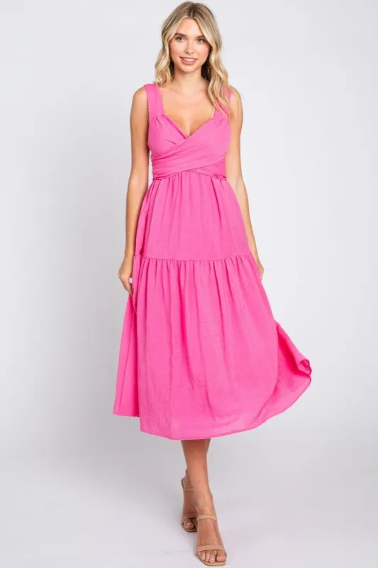 Fuchsia Wrap Front Accent Midi Dress sold by Pinkblush