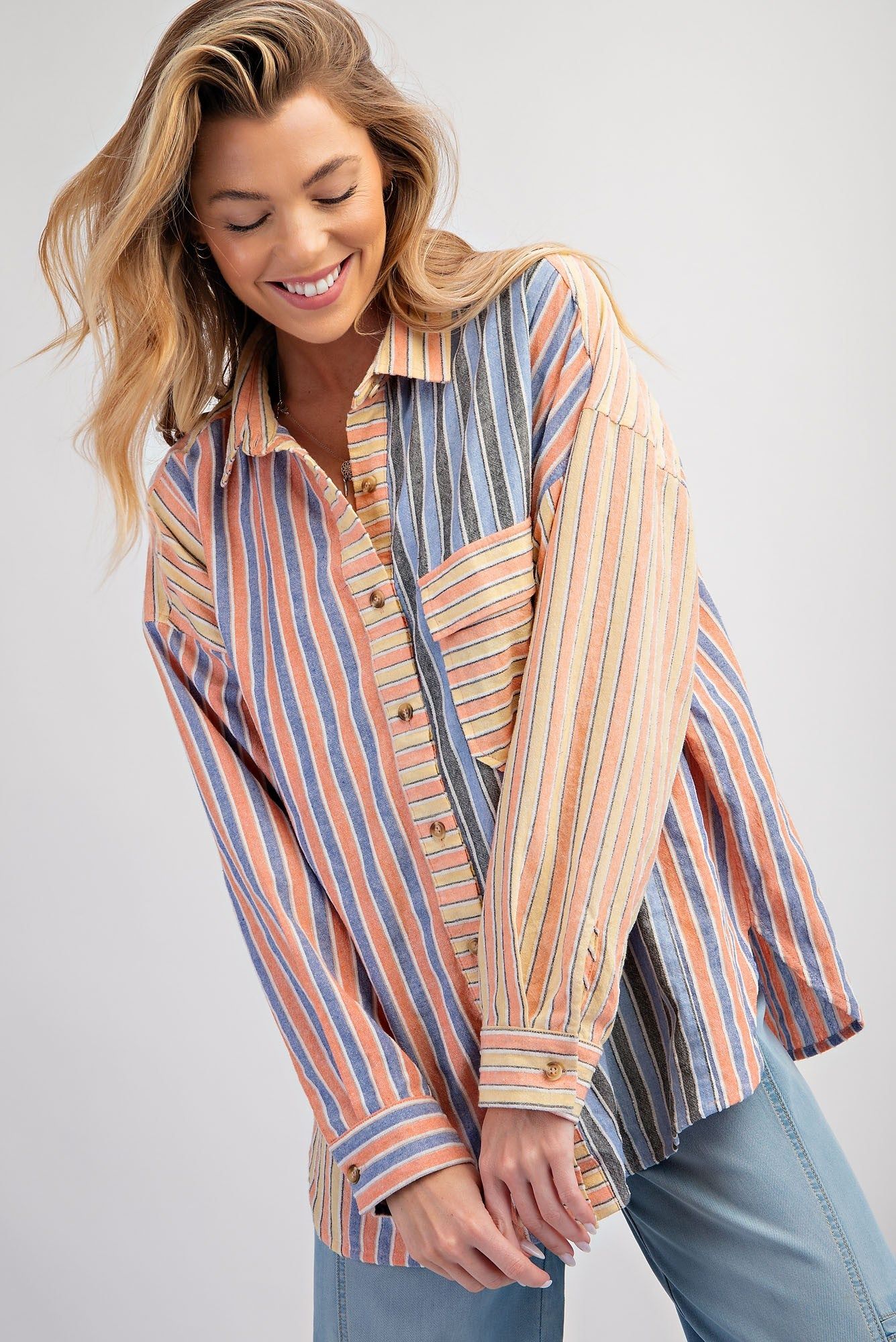 Coral Blue Textured Striped Soft Washed Button Down Shirt sold by Pinkblush