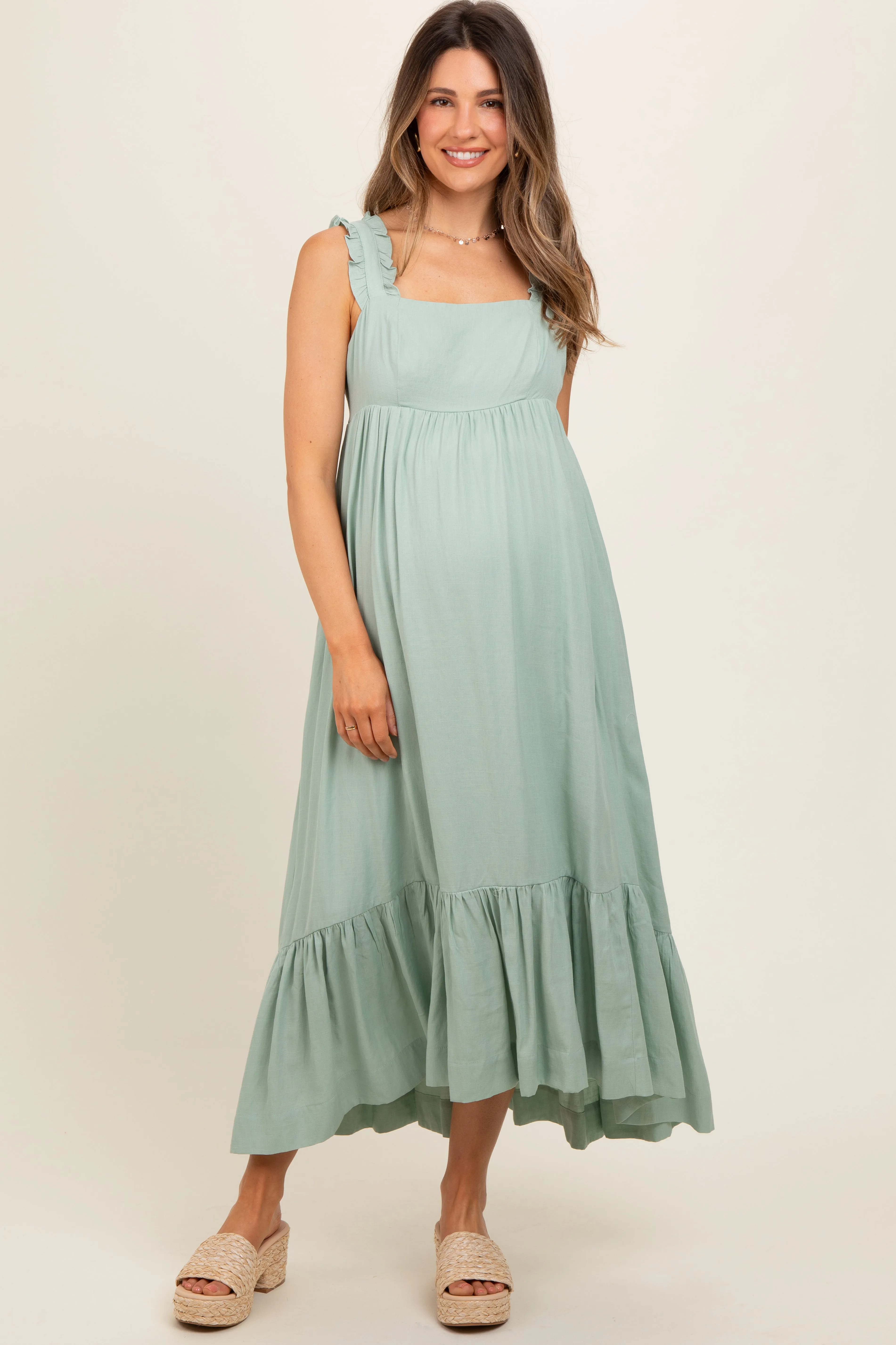 Light Olive Pinafore Cutout Maternity Midi Dress sold by Pinkblush