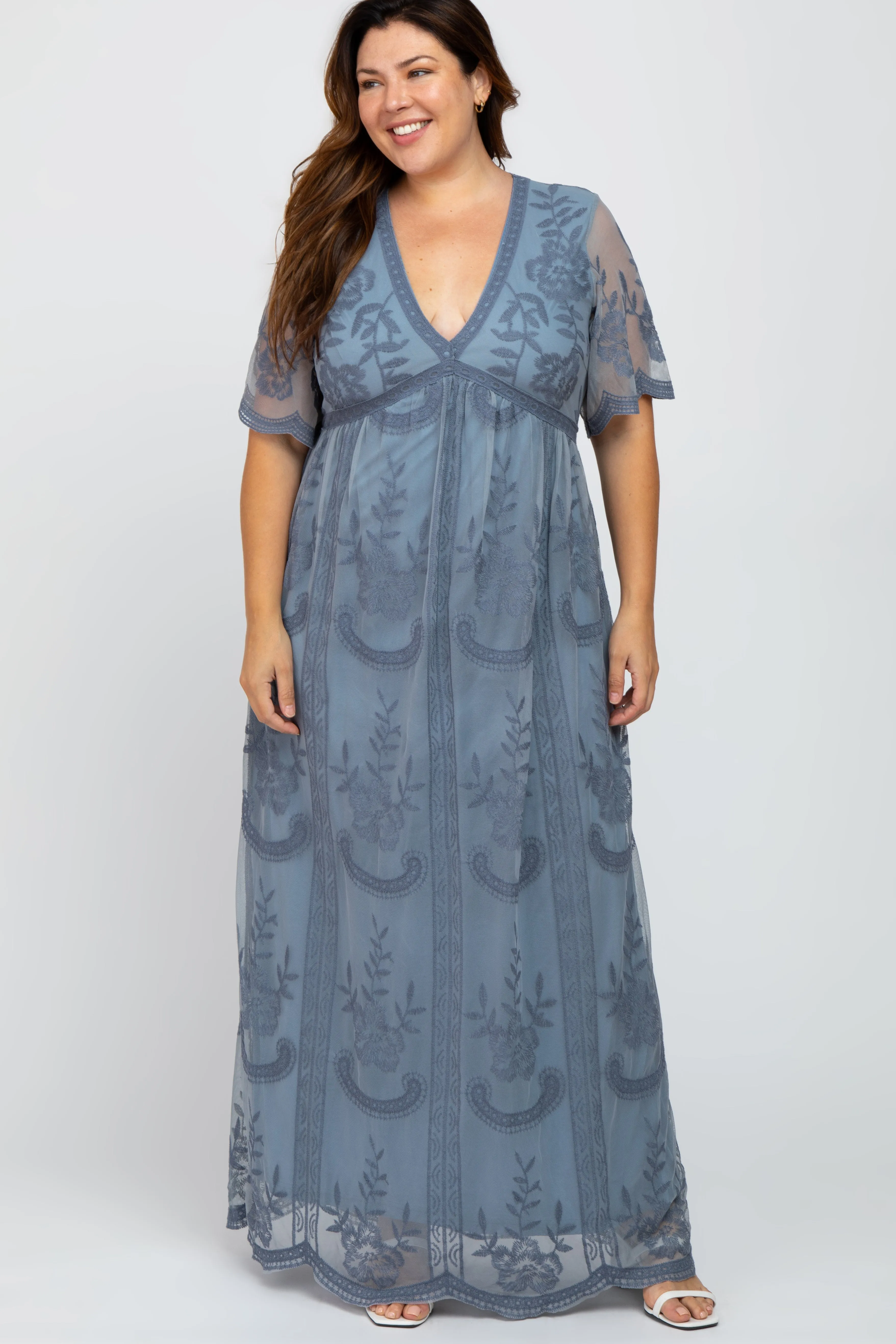 Blue Lace Mesh Overlay Plus Maxi Dress sold by Pinkblush
