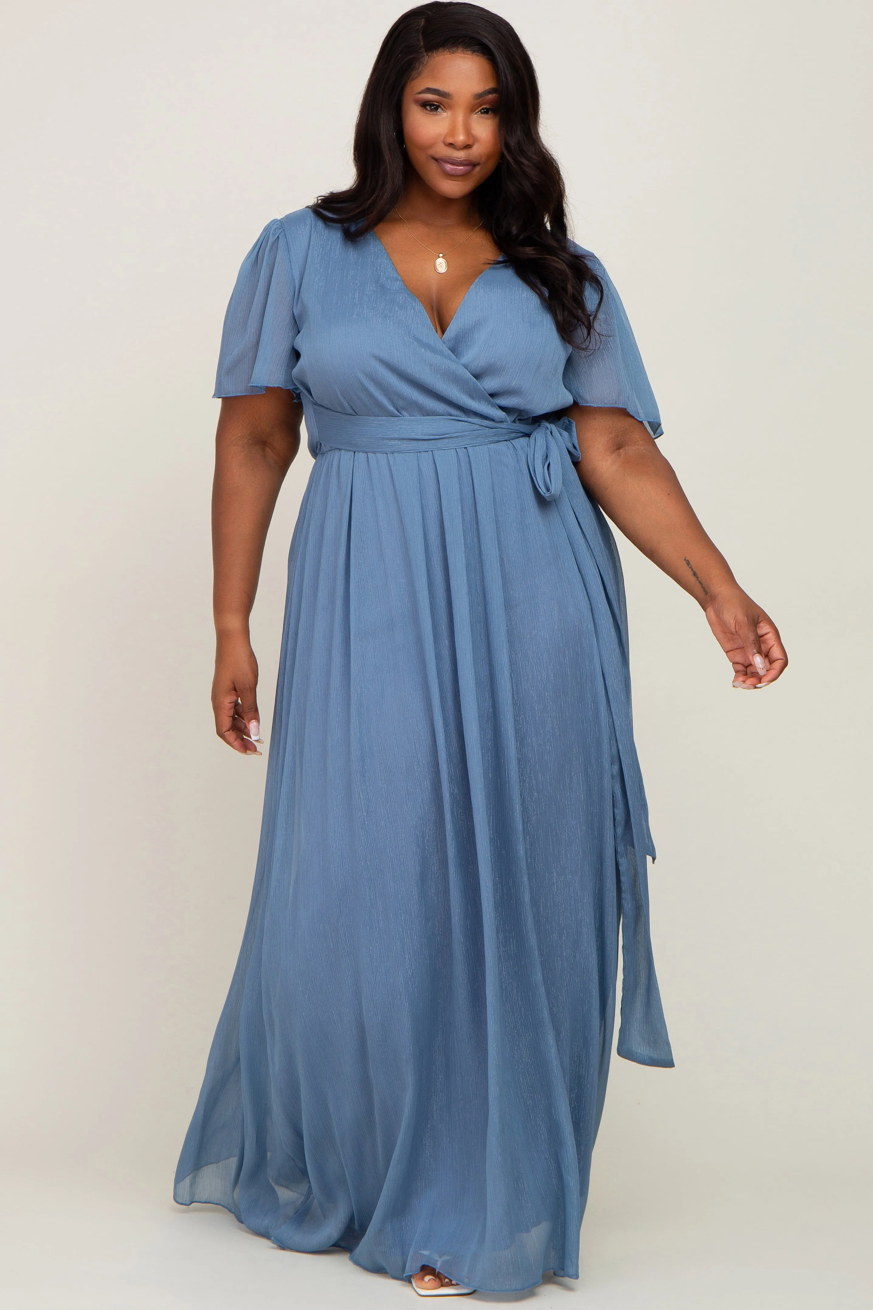 Blue Metallic Shimmer Chiffon Plus Maxi Dress sold by Pinkblush