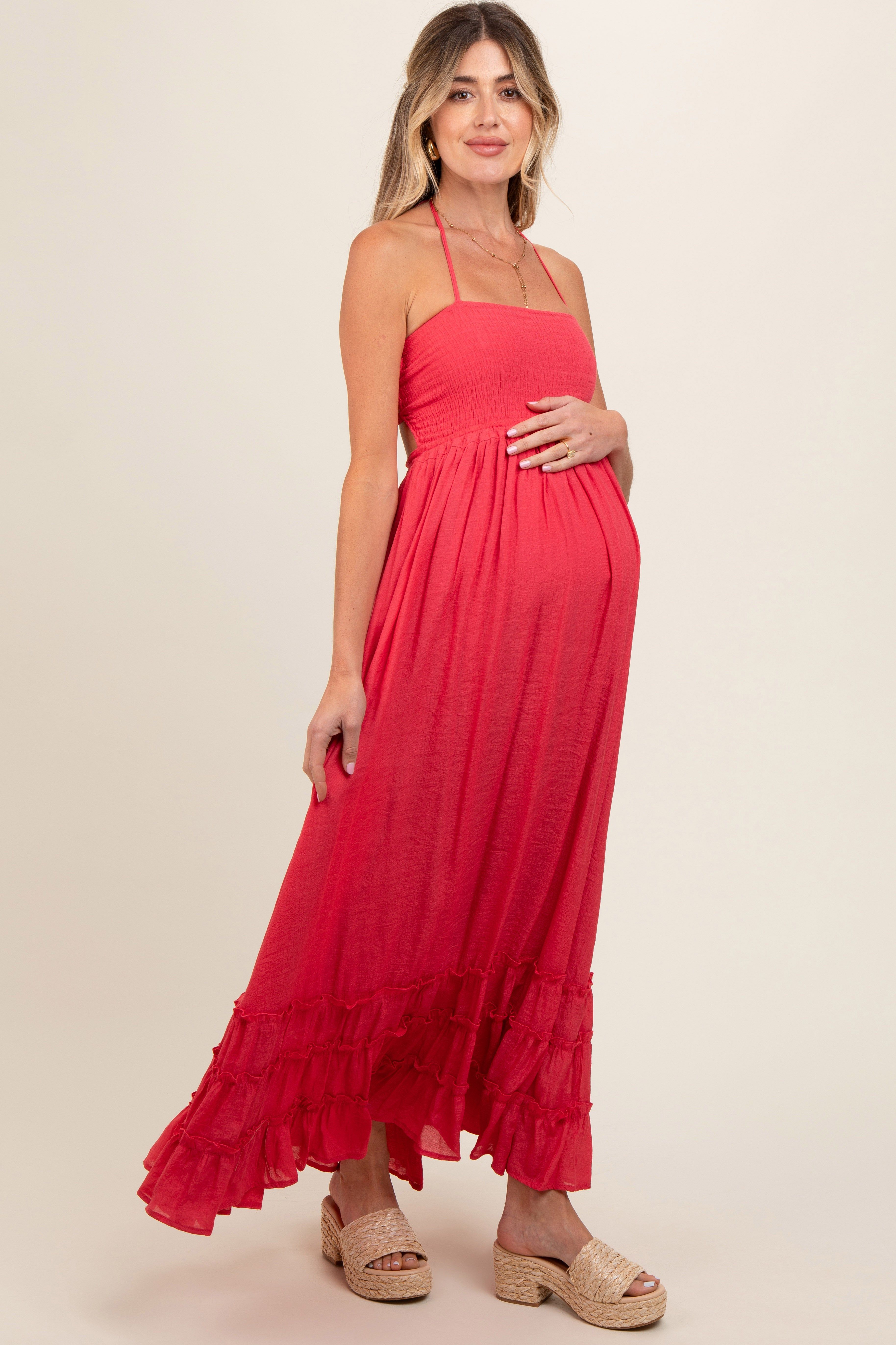 Coral Smocked Halter Cutout Maternity Maxi Dress sold by Pinkblush product image thumbnail 2