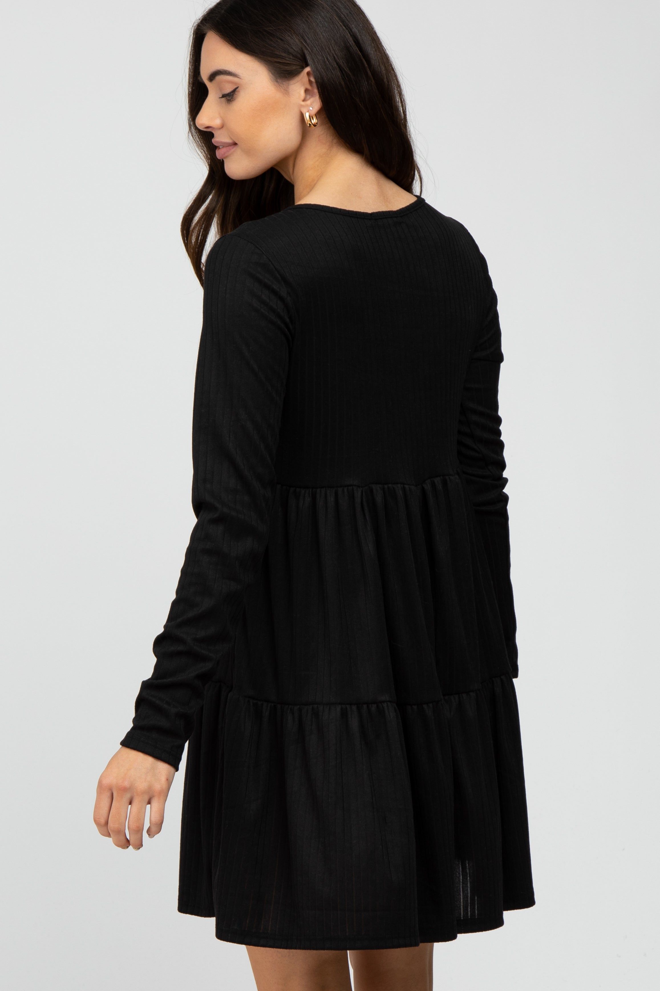 Black Ribbed Button Front Tiered Dress sold by Pinkblush product image thumbnail 4