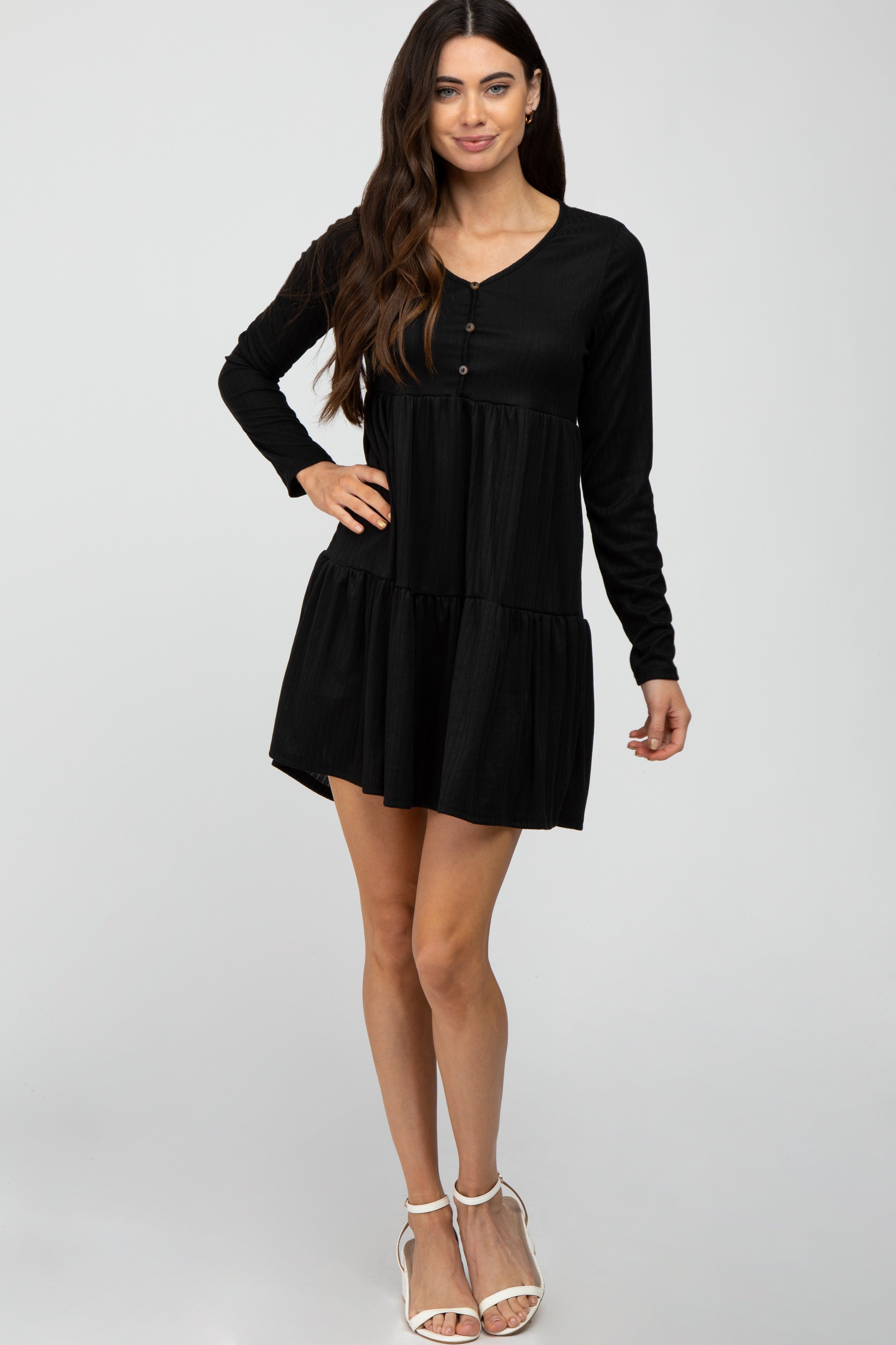Black Ribbed Button Front Tiered Dress sold by Pinkblush