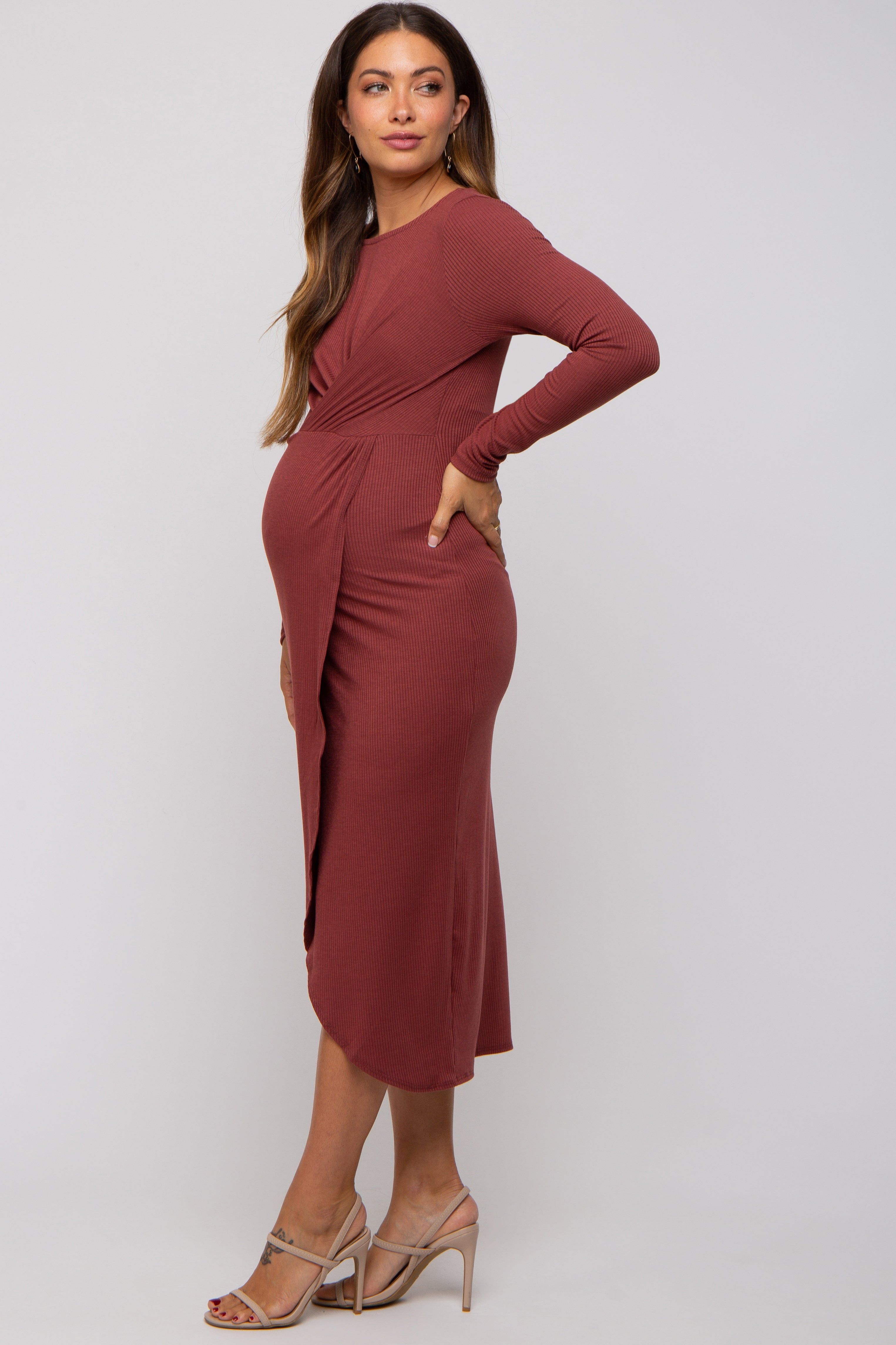 Rust Ribbed Long Sleeve Wrap Maternity Midi Dress sold by Pinkblush product image thumbnail 2