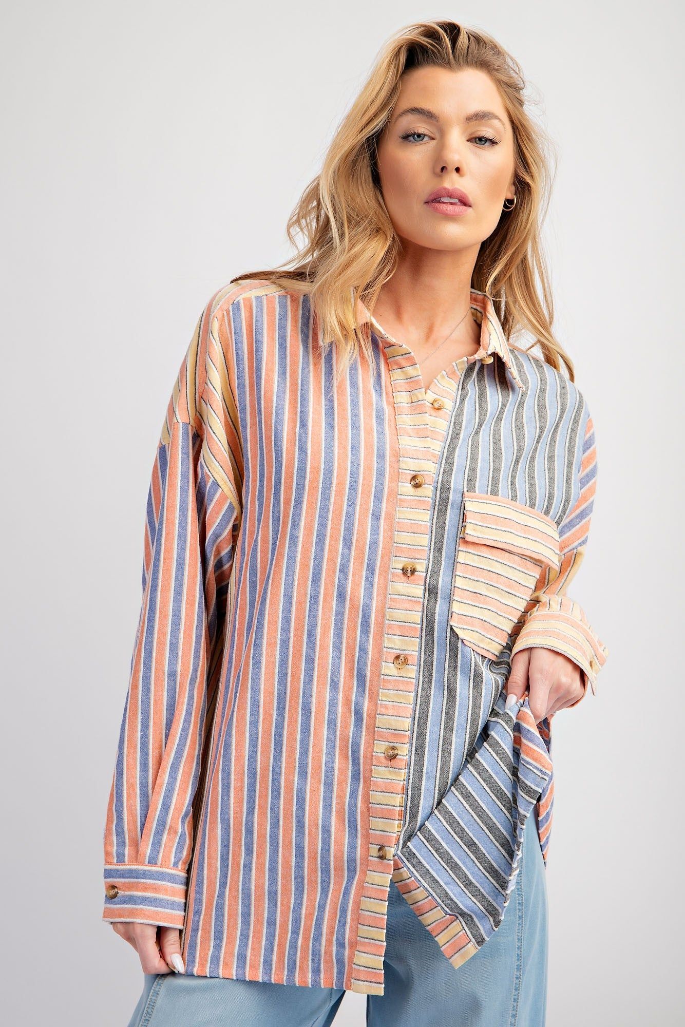 Coral Blue Textured Striped Soft Washed Button Down Shirt sold by Pinkblush product image thumbnail 2