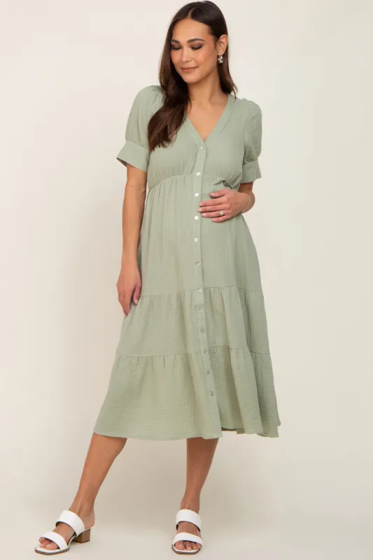 Mint Button Down Short Sleeve Maternity Dress sold by Pinkblush