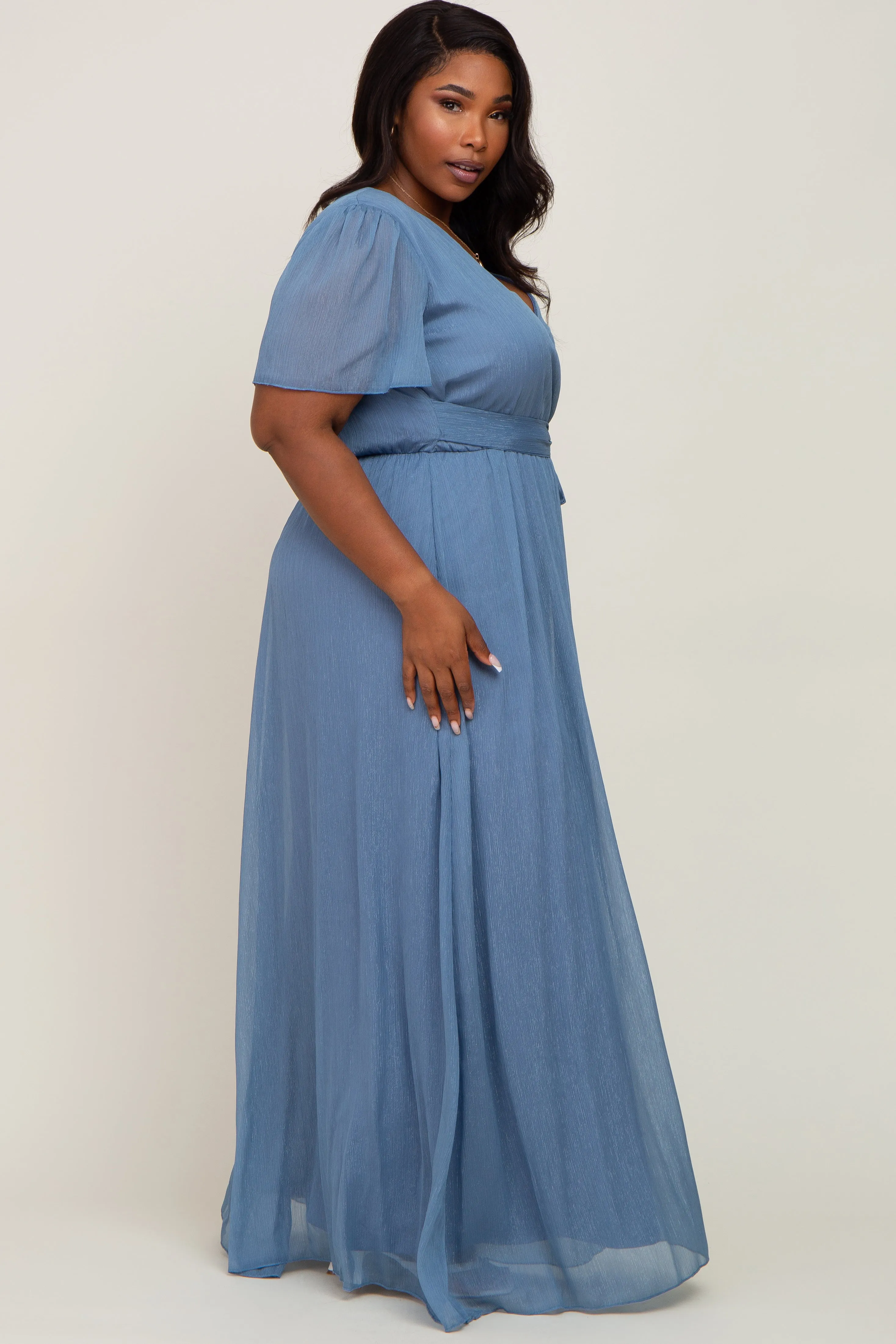 Blue Metallic Shimmer Chiffon Plus Maxi Dress sold by Pinkblush product image thumbnail 2