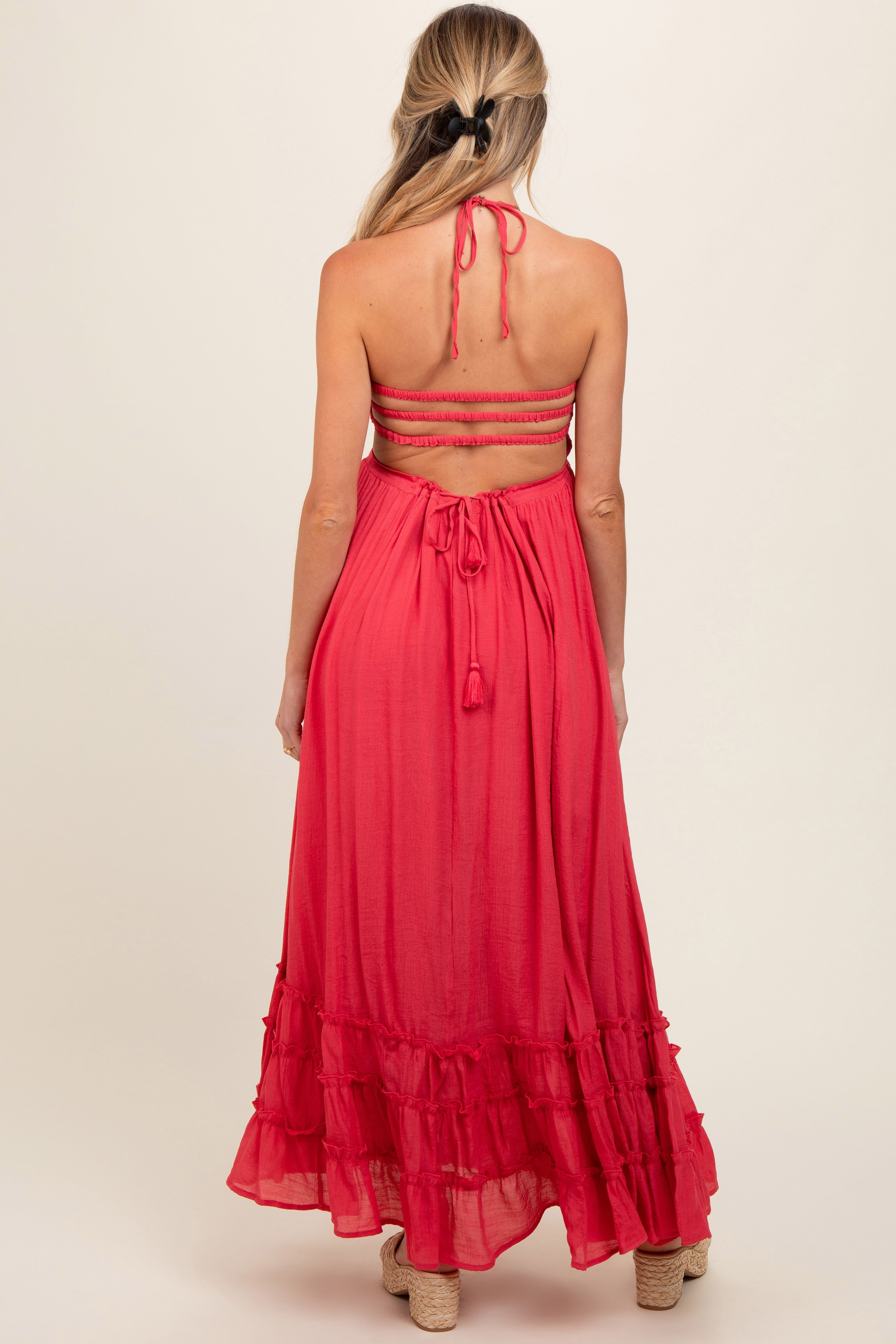 Coral Smocked Halter Cutout Maternity Maxi Dress sold by Pinkblush product image thumbnail 3