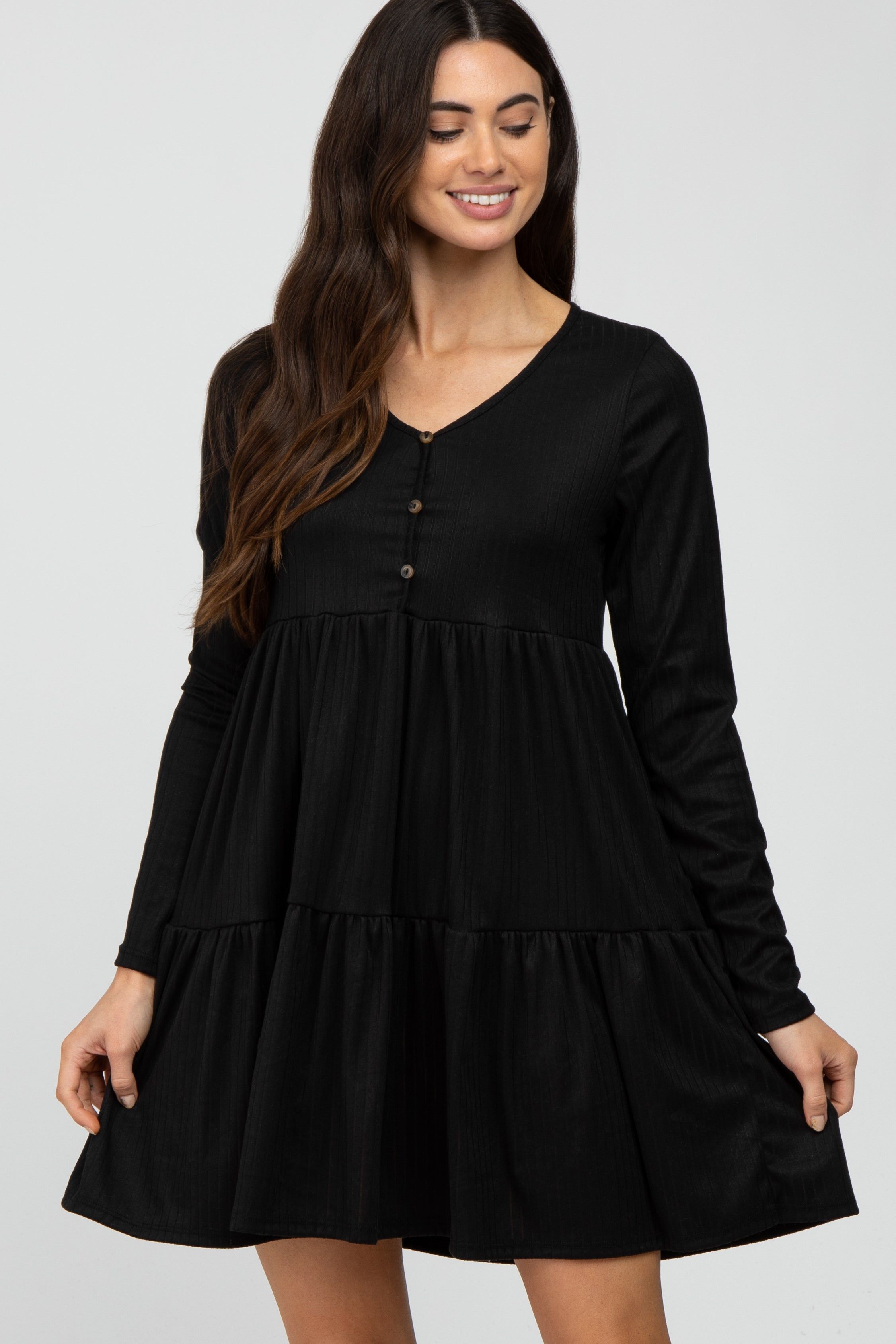 Black Ribbed Button Front Tiered Dress sold by Pinkblush product image thumbnail 2