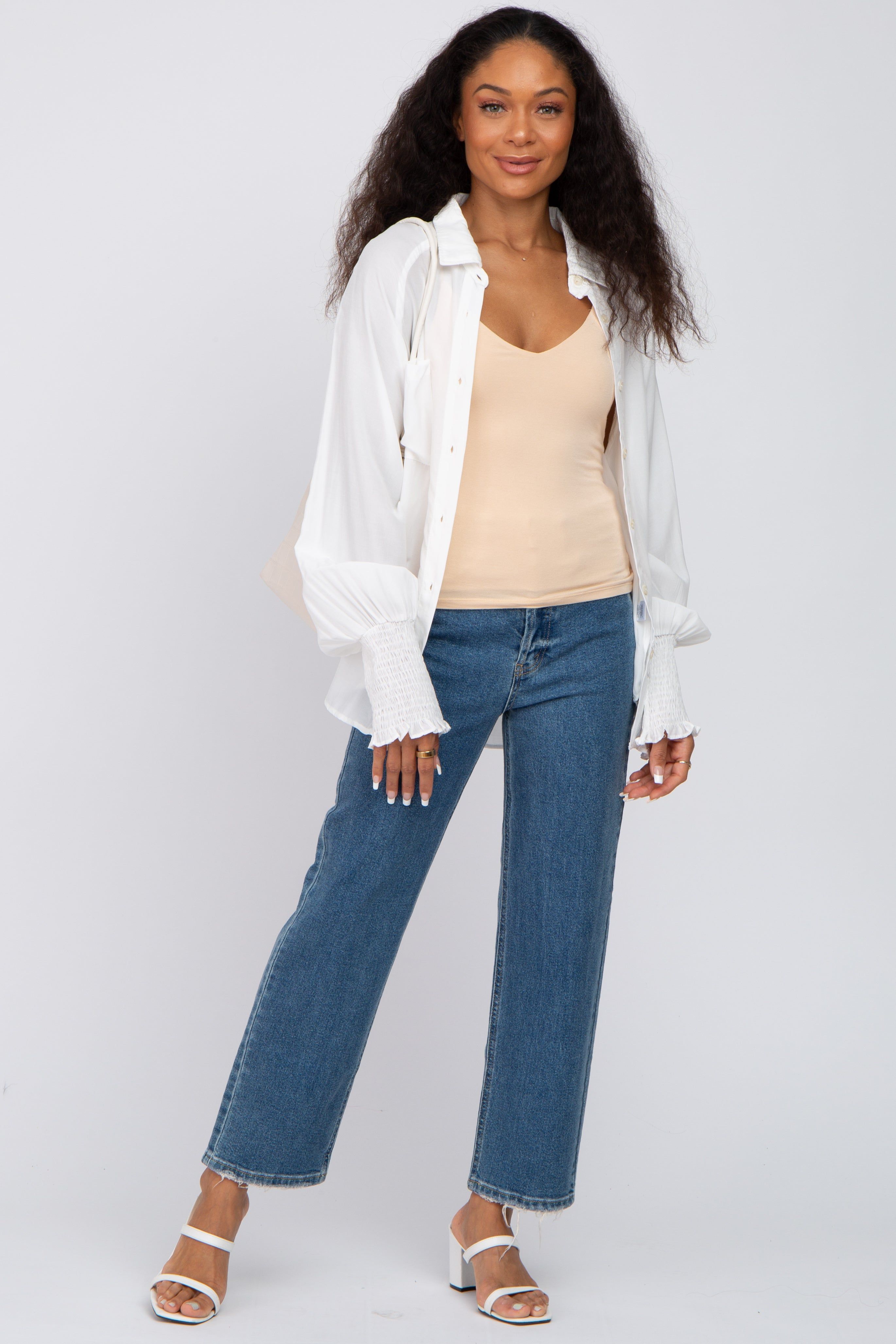 White Button Up Smocked Sleeve Top sold by Pinkblush product image thumbnail 4