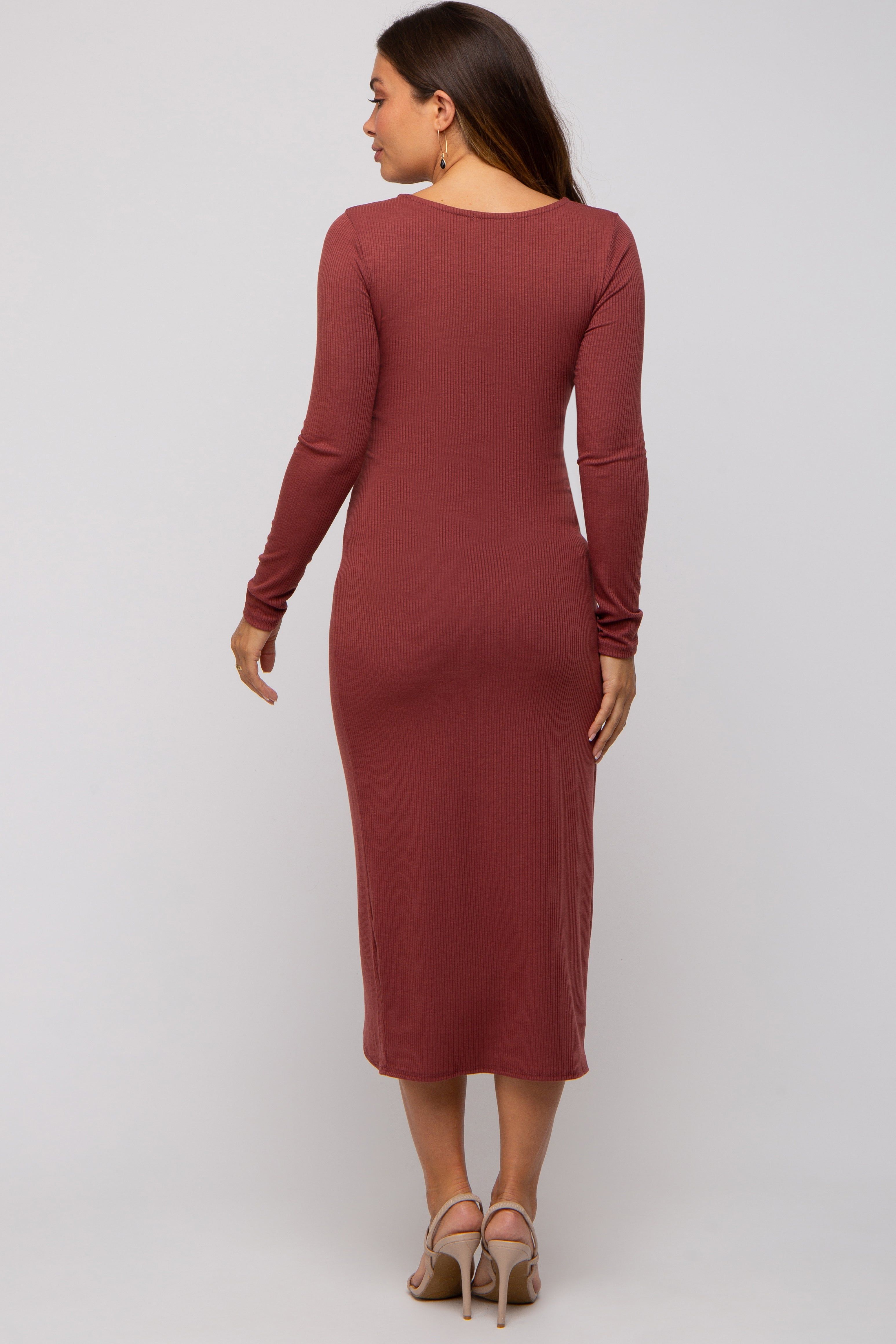 Rust Ribbed Long Sleeve Wrap Maternity Midi Dress sold by Pinkblush product image thumbnail 3
