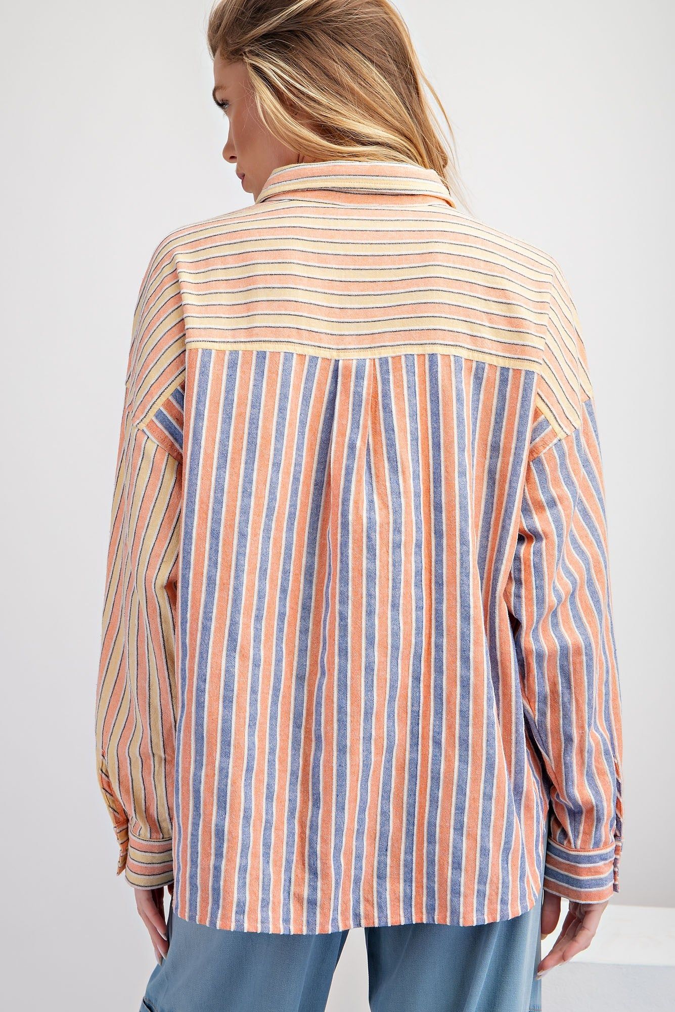 Coral Blue Textured Striped Soft Washed Button Down Shirt sold by Pinkblush product image thumbnail 3