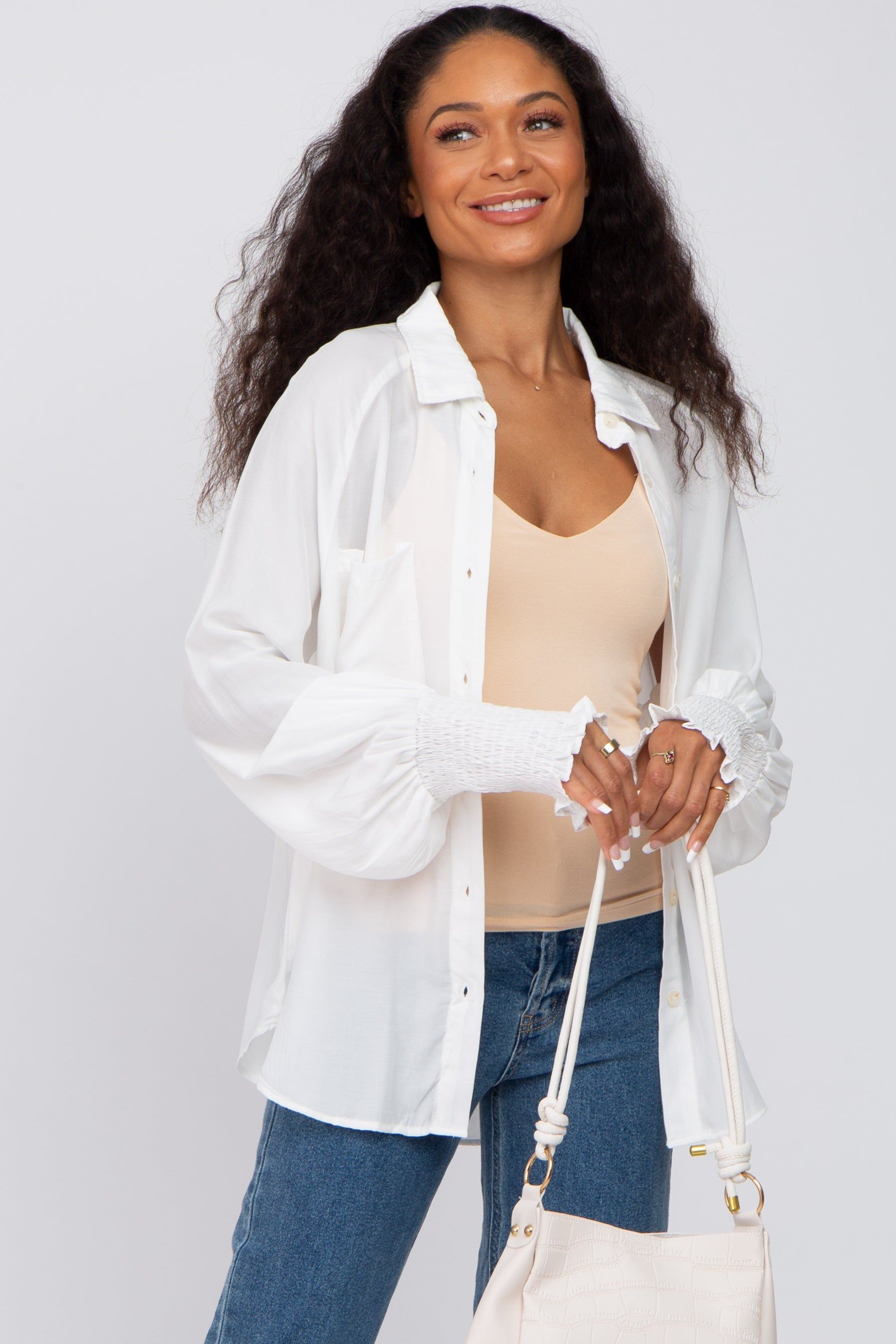 White Button Up Smocked Sleeve Top sold by Pinkblush