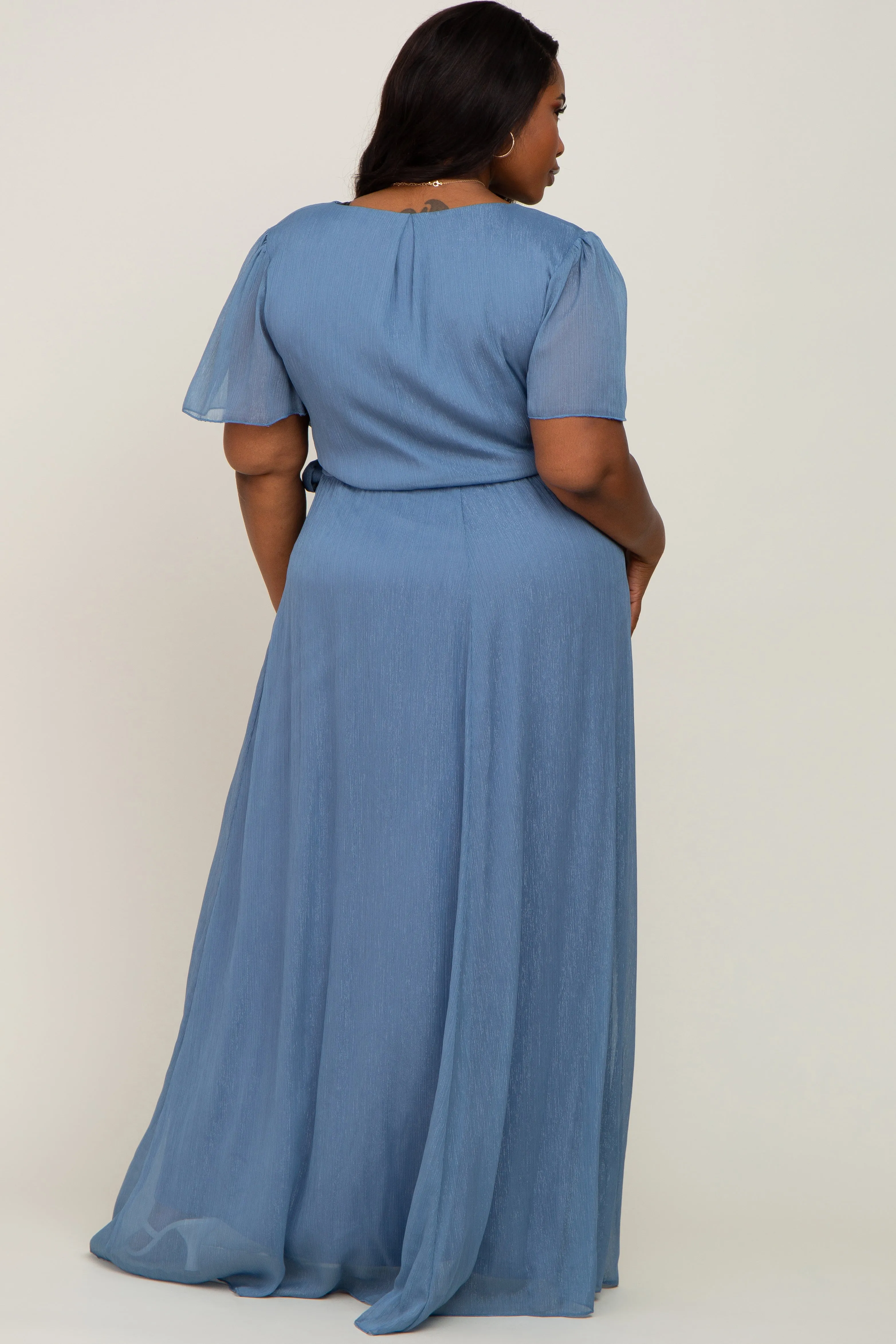 Blue Metallic Shimmer Chiffon Plus Maxi Dress sold by Pinkblush product image thumbnail 3