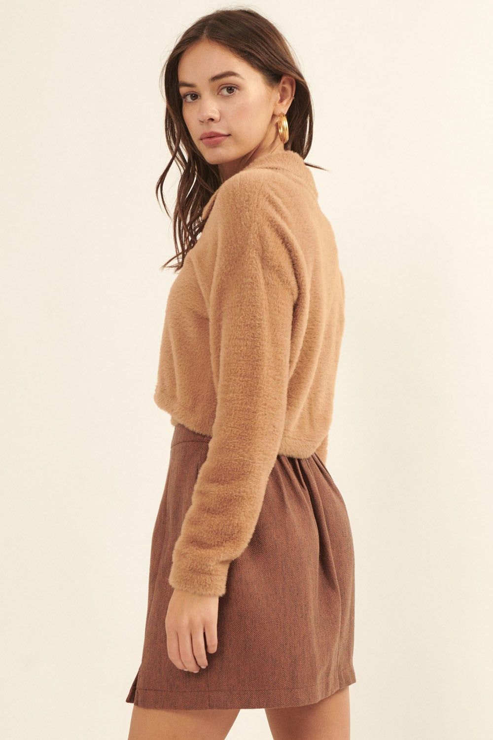 Mocha Fuzzy Textured Cropped Collared Cardigan sold by Pinkblush product image thumbnail 2