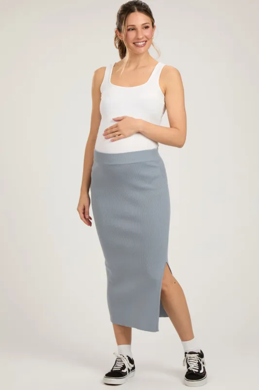 Grey Blue Rib Knit Maternity Midi Skirt sold by Pinkblush