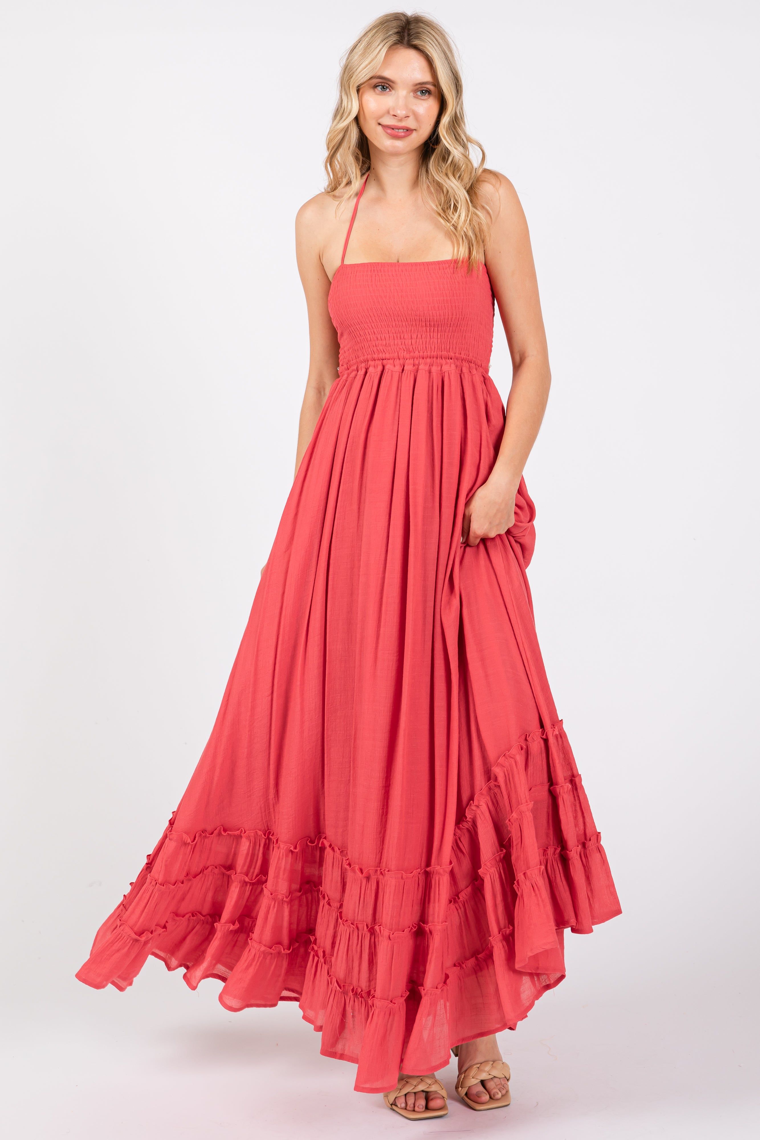 Coral Smocked Halter Cutout Maternity Maxi Dress sold by Pinkblush product image thumbnail 4