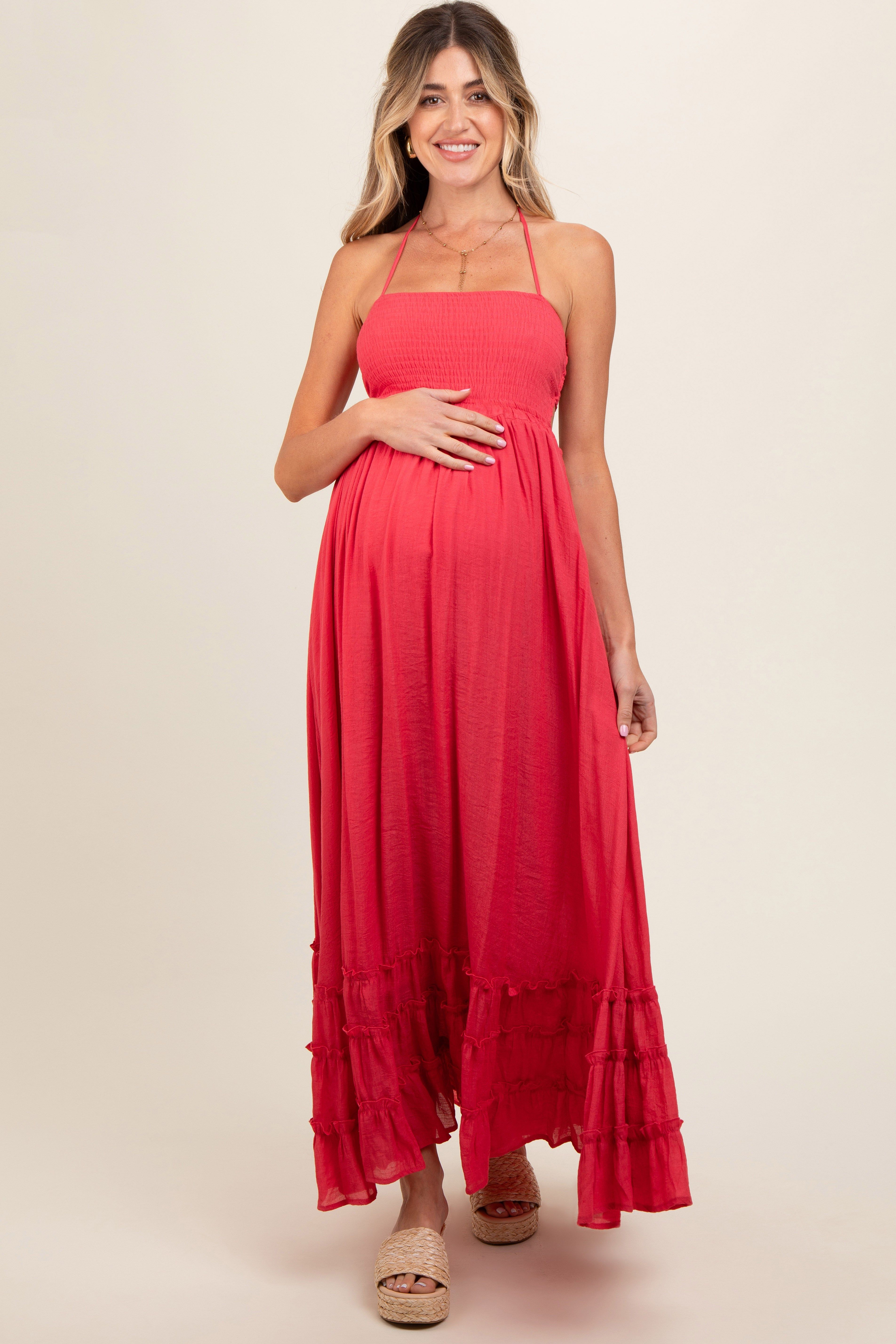 Coral Smocked Halter Cutout Maternity Maxi Dress sold by Pinkblush
