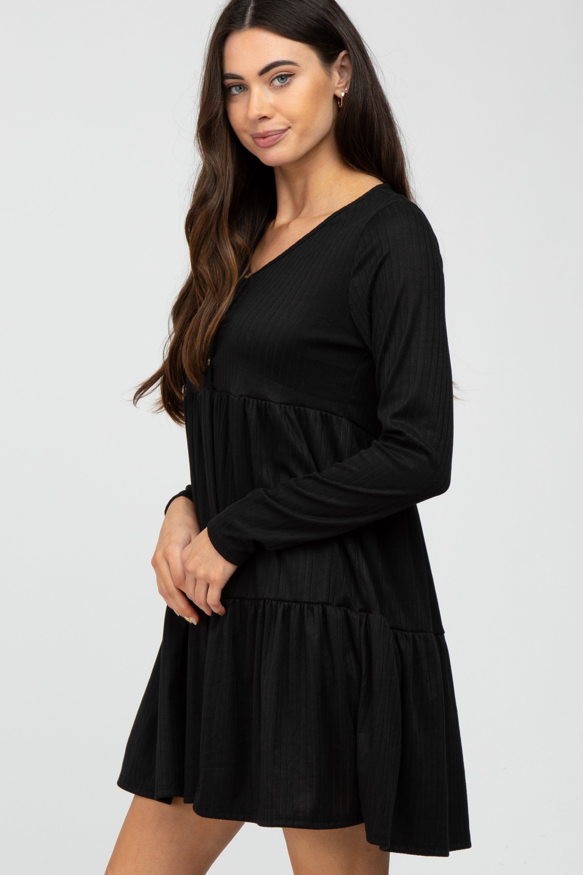Black Ribbed Button Front Tiered Dress sold by Pinkblush product image thumbnail 3