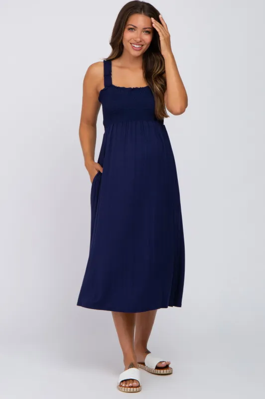 Navy Smocked Ruffle Strap Maternity Midi Dress sold by Pinkblush