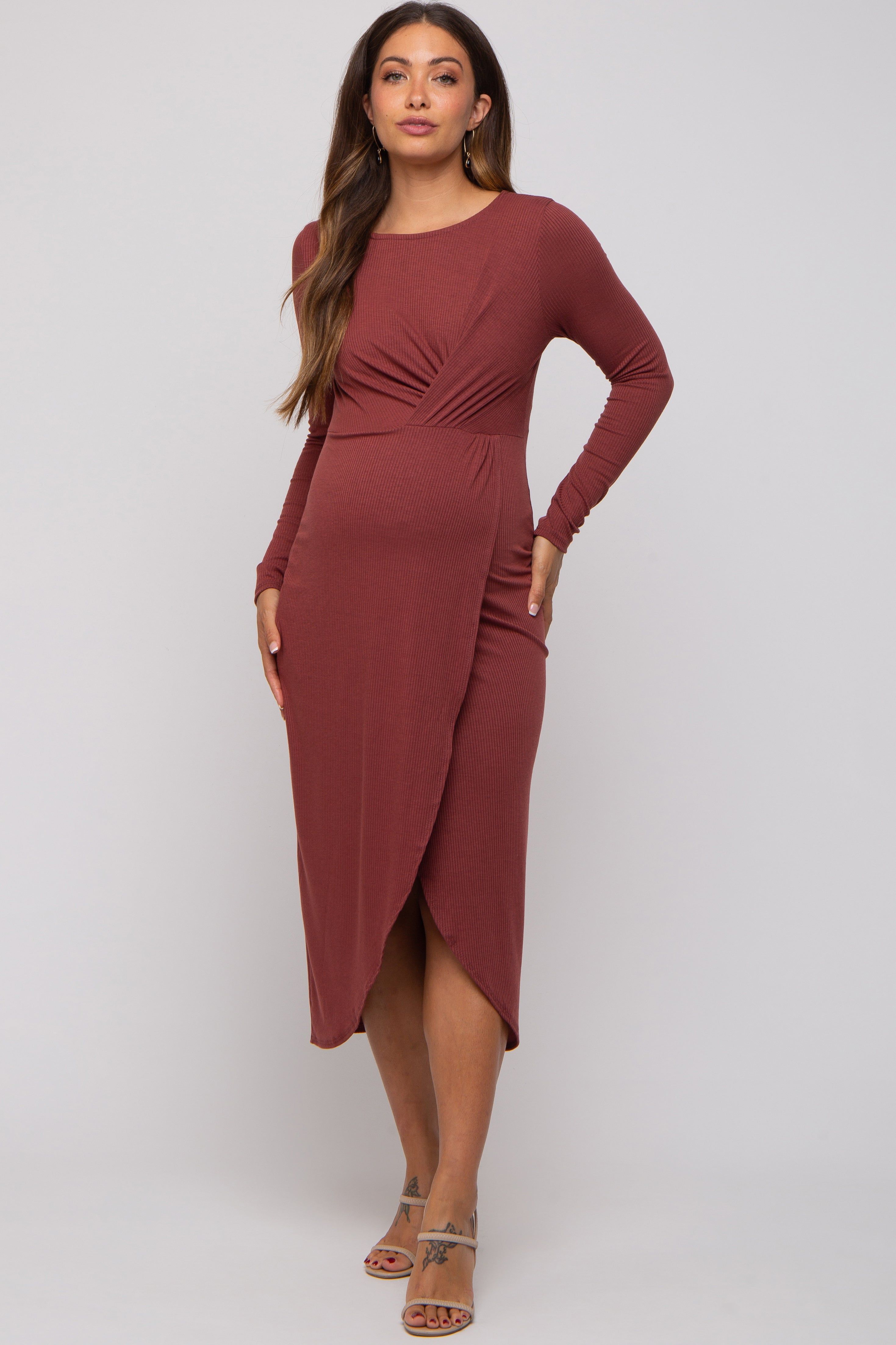 Rust Ribbed Long Sleeve Wrap Maternity Midi Dress sold by Pinkblush product image thumbnail 4