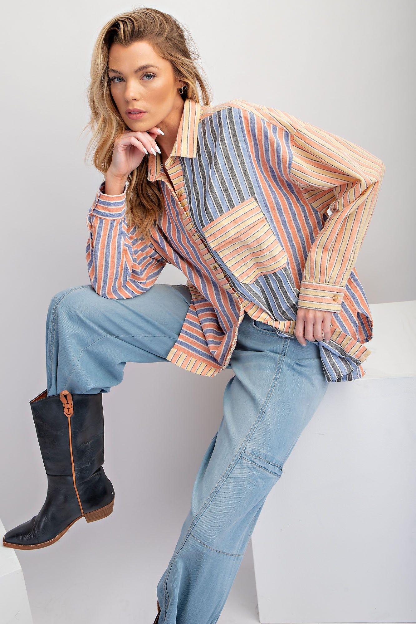 Coral Blue Textured Striped Soft Washed Button Down Shirt sold by Pinkblush product image thumbnail 4