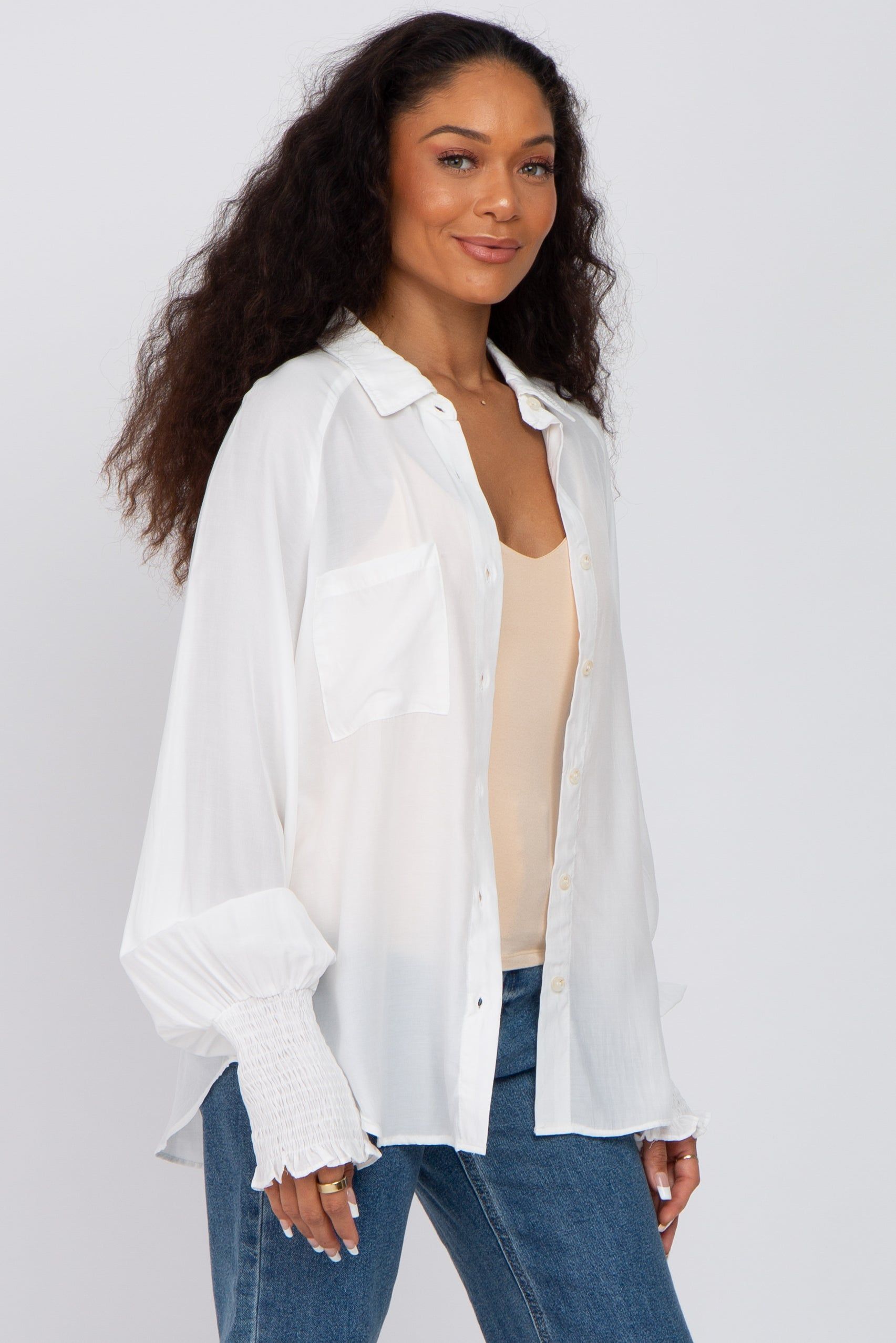 White Button Up Smocked Sleeve Top sold by Pinkblush product image thumbnail 2