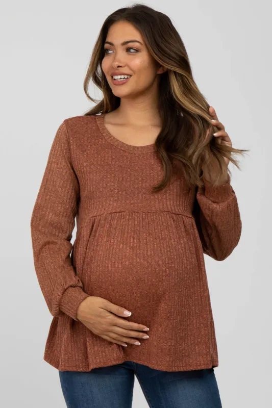Rust Textured Knit Babydoll Long Sleeve Maternity Top sold by Pinkblush