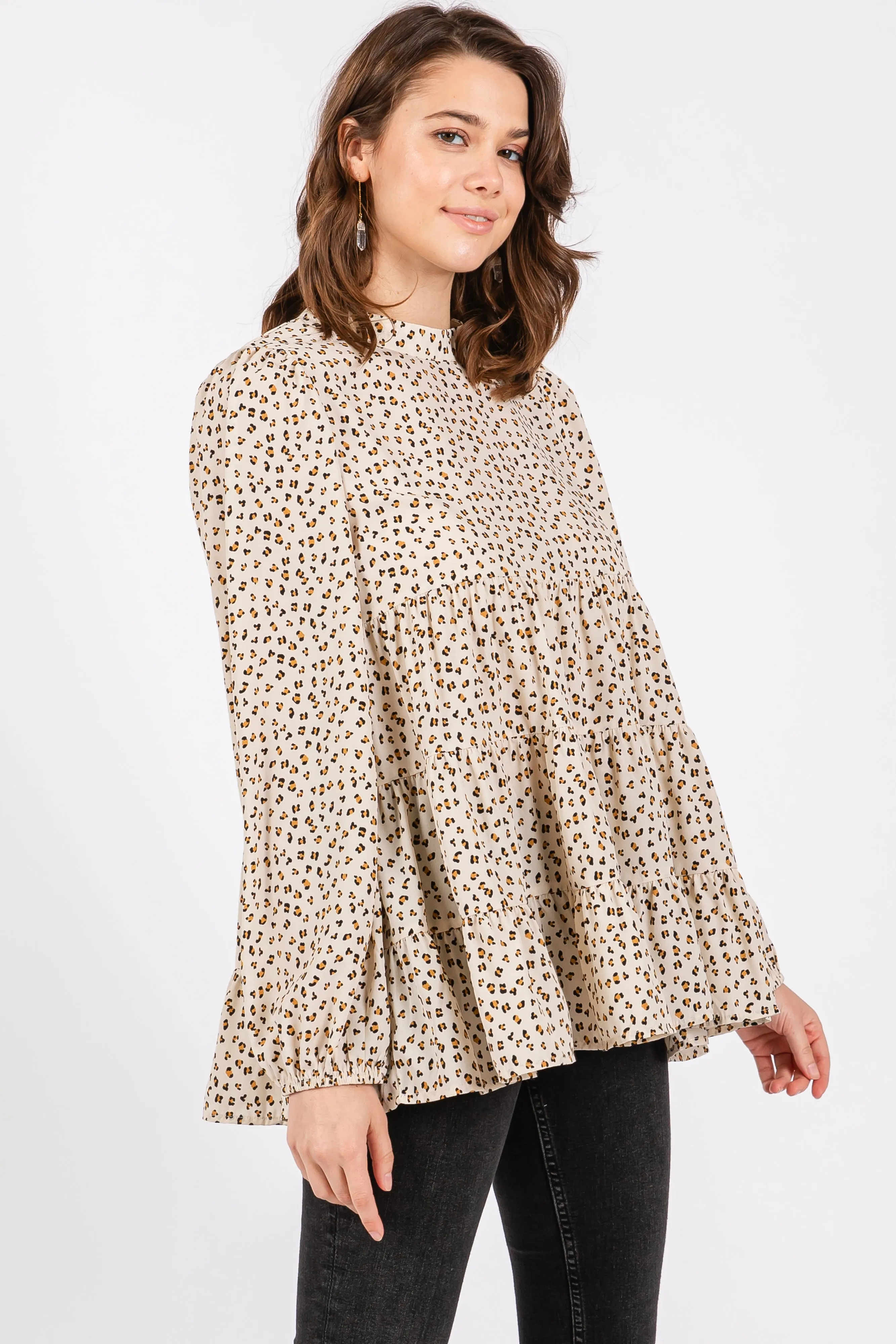 Ivory Animal Print Mock Neck Tiered Top sold by Pinkblush product image thumbnail 2