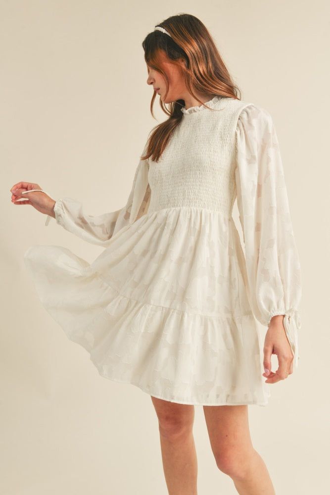 Cream Smocked Jacquard Burnout Mini Dress sold by Pinkblush