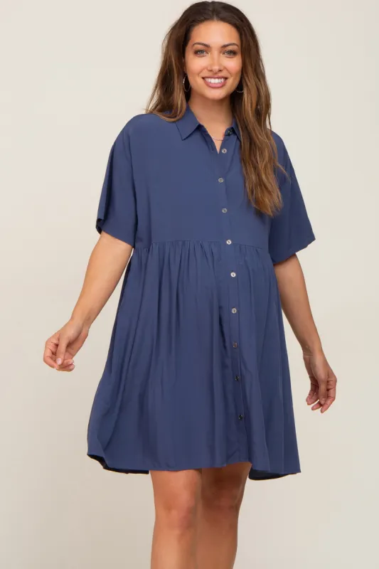 Navy Buttondown Short Sleeve Maternity Dress sold by Pinkblush