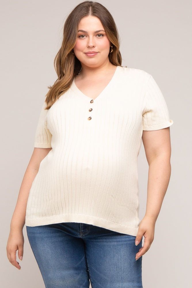 Cream Ribbed Knit Button Plus Maternity Top sold by Pinkblush