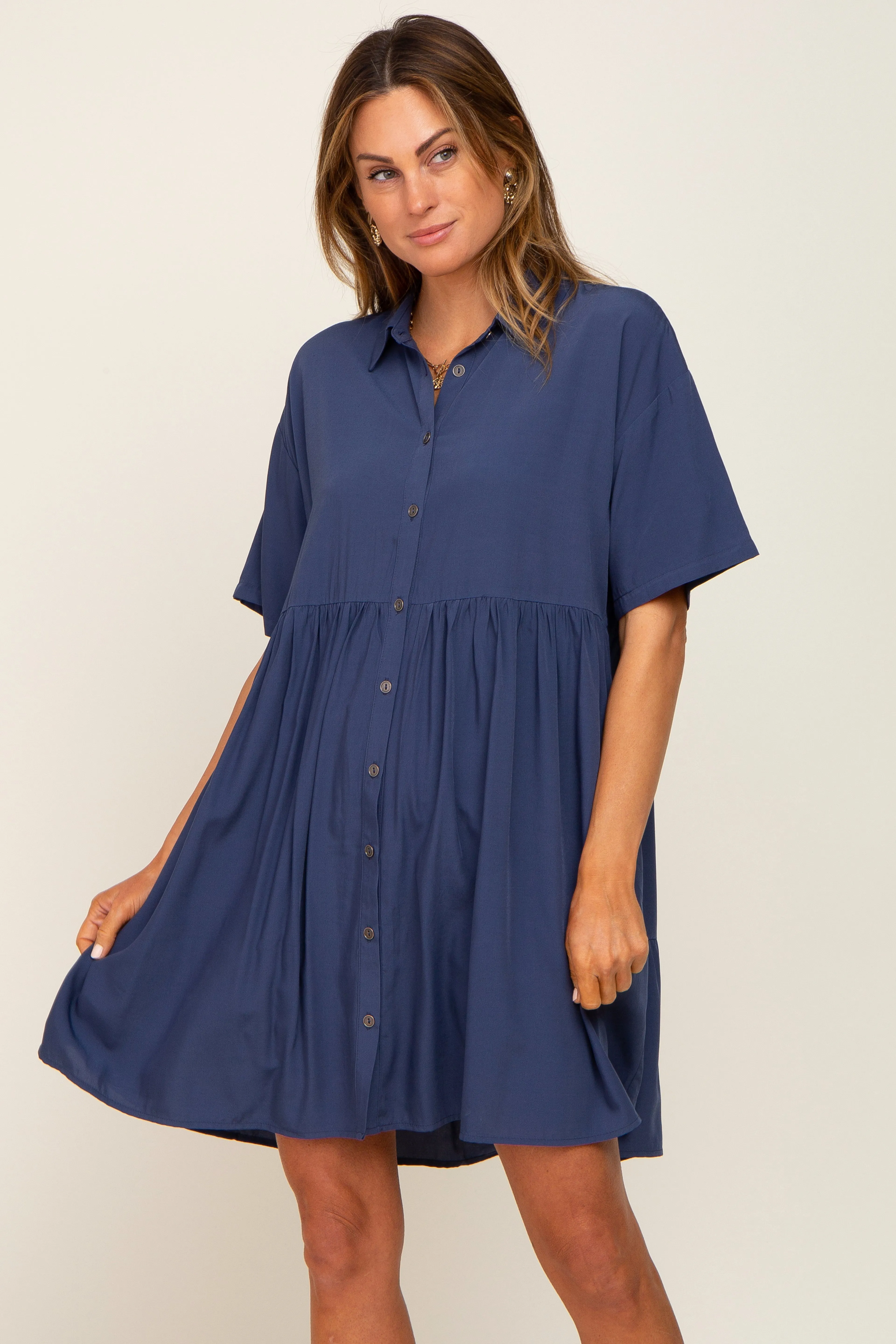 Navy Buttondown Short Sleeve Maternity Dress sold by Pinkblush product image thumbnail 5