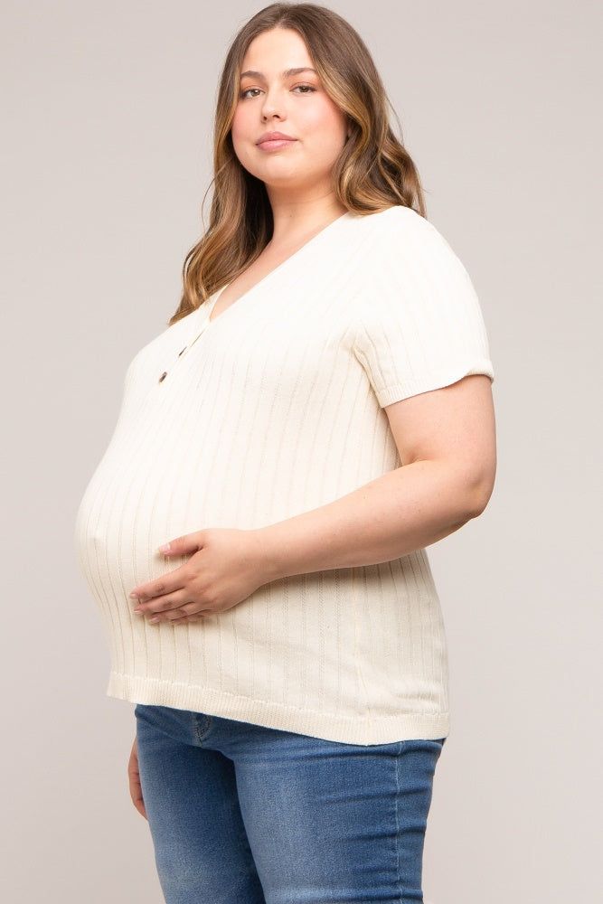 Cream Ribbed Knit Button Plus Maternity Top sold by Pinkblush product image thumbnail 2