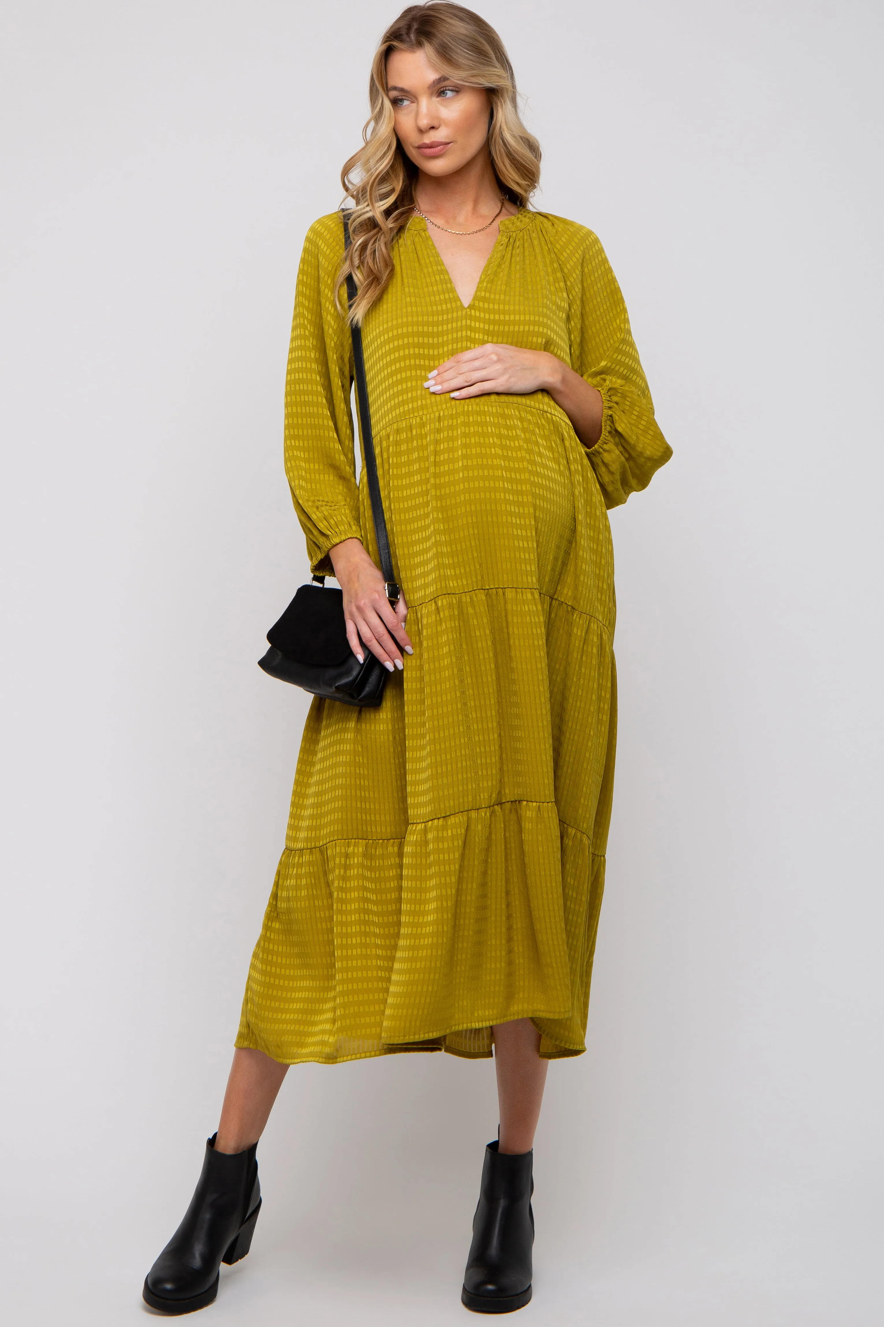 Lime Textured Tiered Maternity Midi Dress sold by Pinkblush product image thumbnail 2