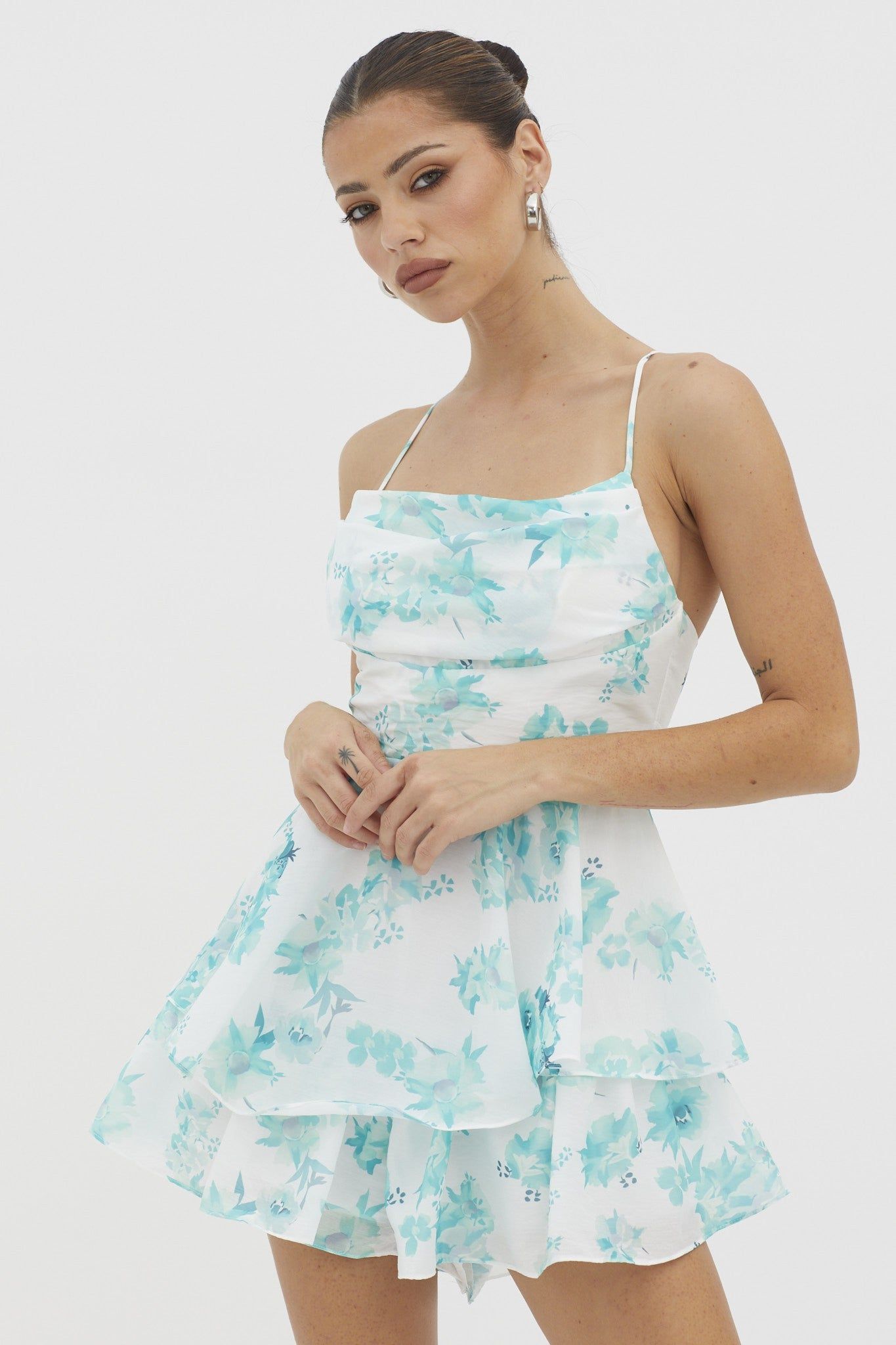 Green Floral Print Cowl Neck Tiered Skirt Mini Dress sold by Pinkblush