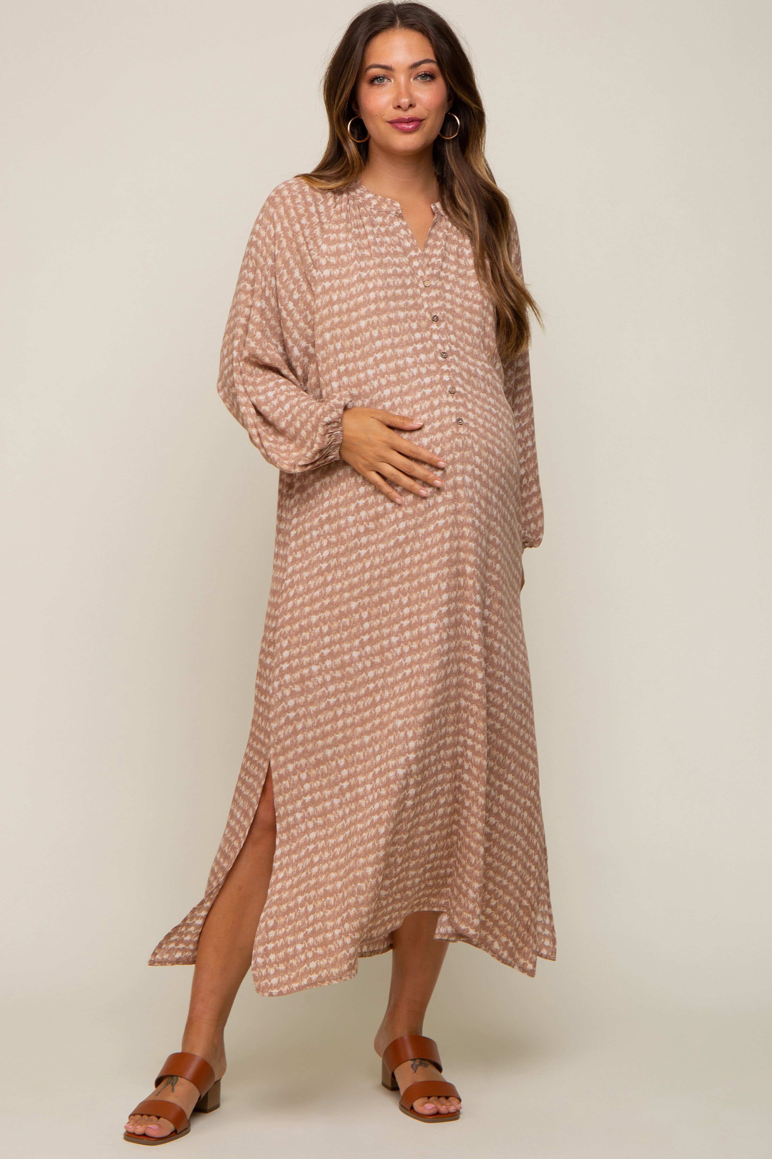 Mauve Button Down 3/4 Sleeve Maternity Midi Dress sold by Pinkblush