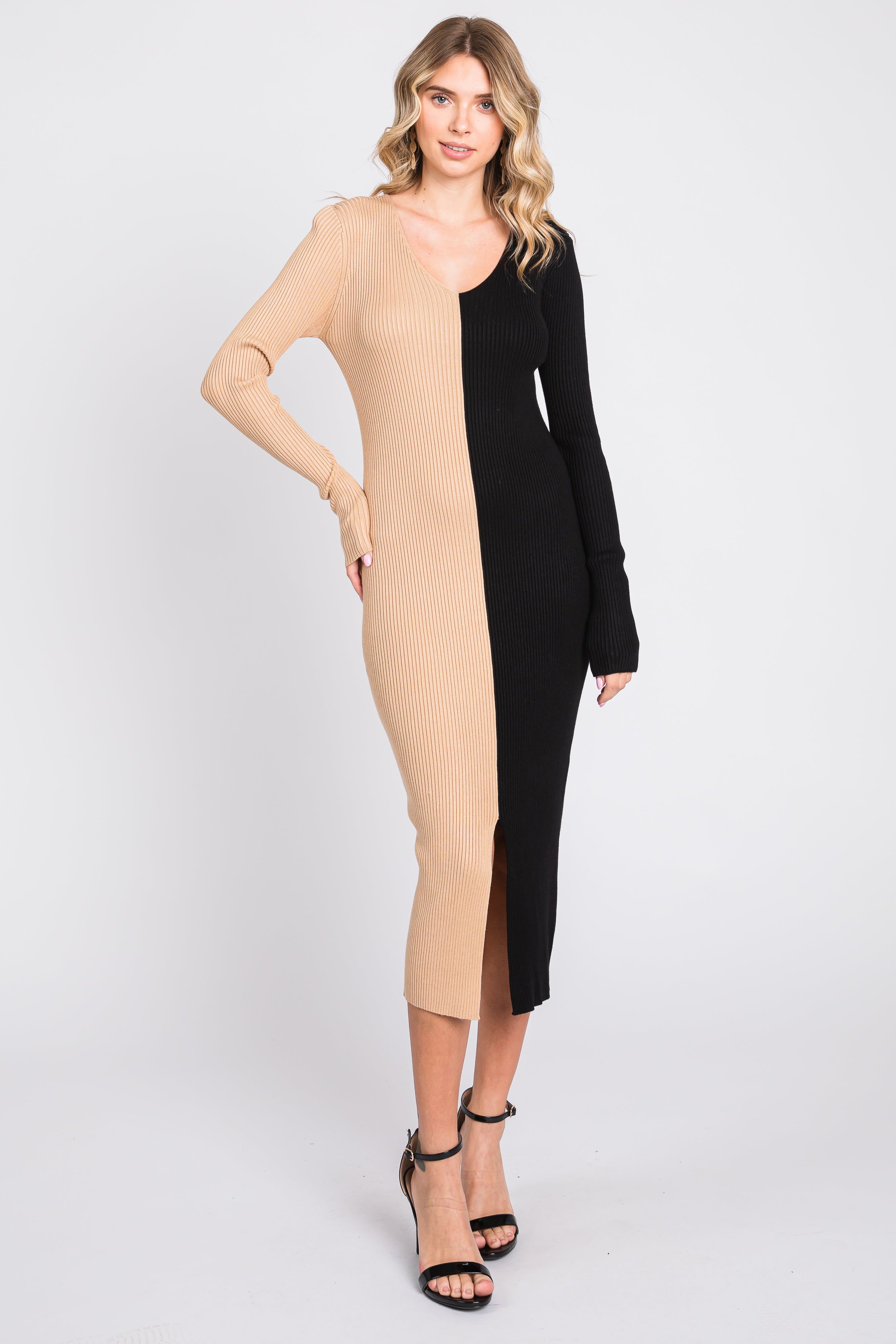 Black Colorblock Rib Knit Midi Dress sold by Pinkblush