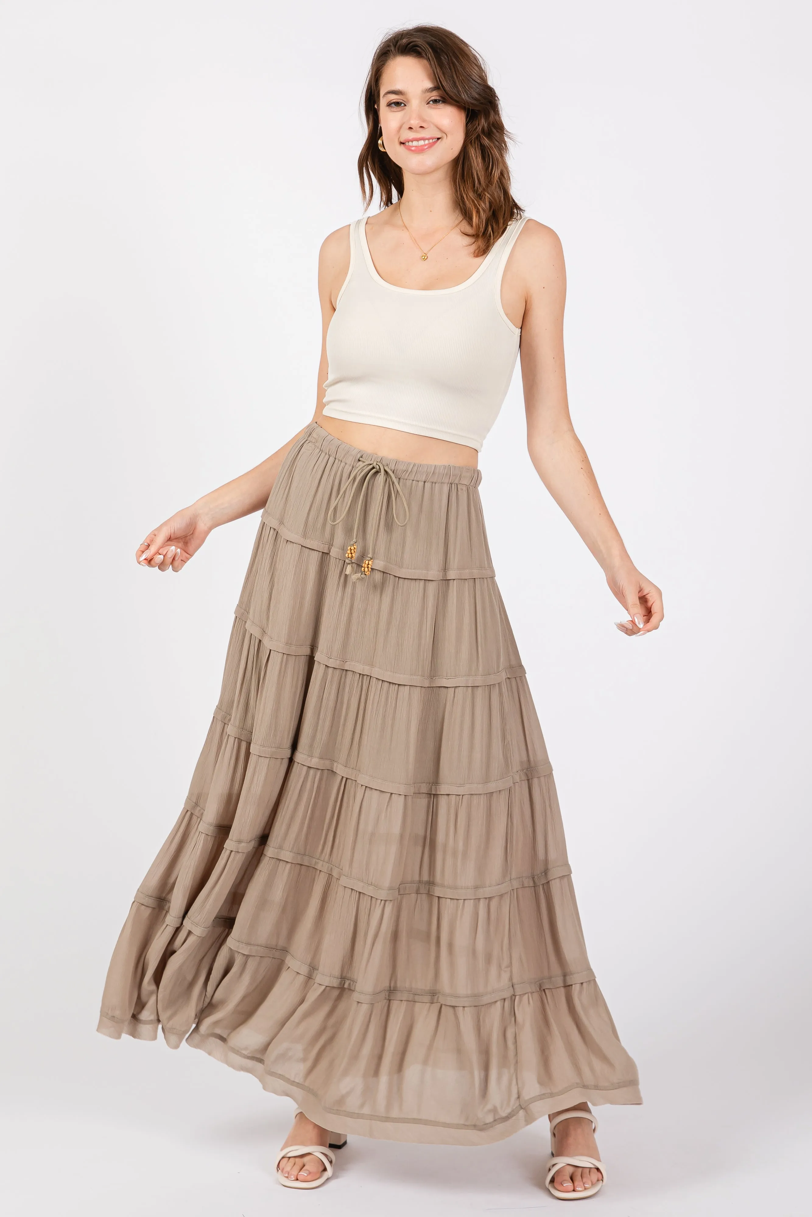 Olive Drawstring Tiered Maxi Skirt sold by Pinkblush
