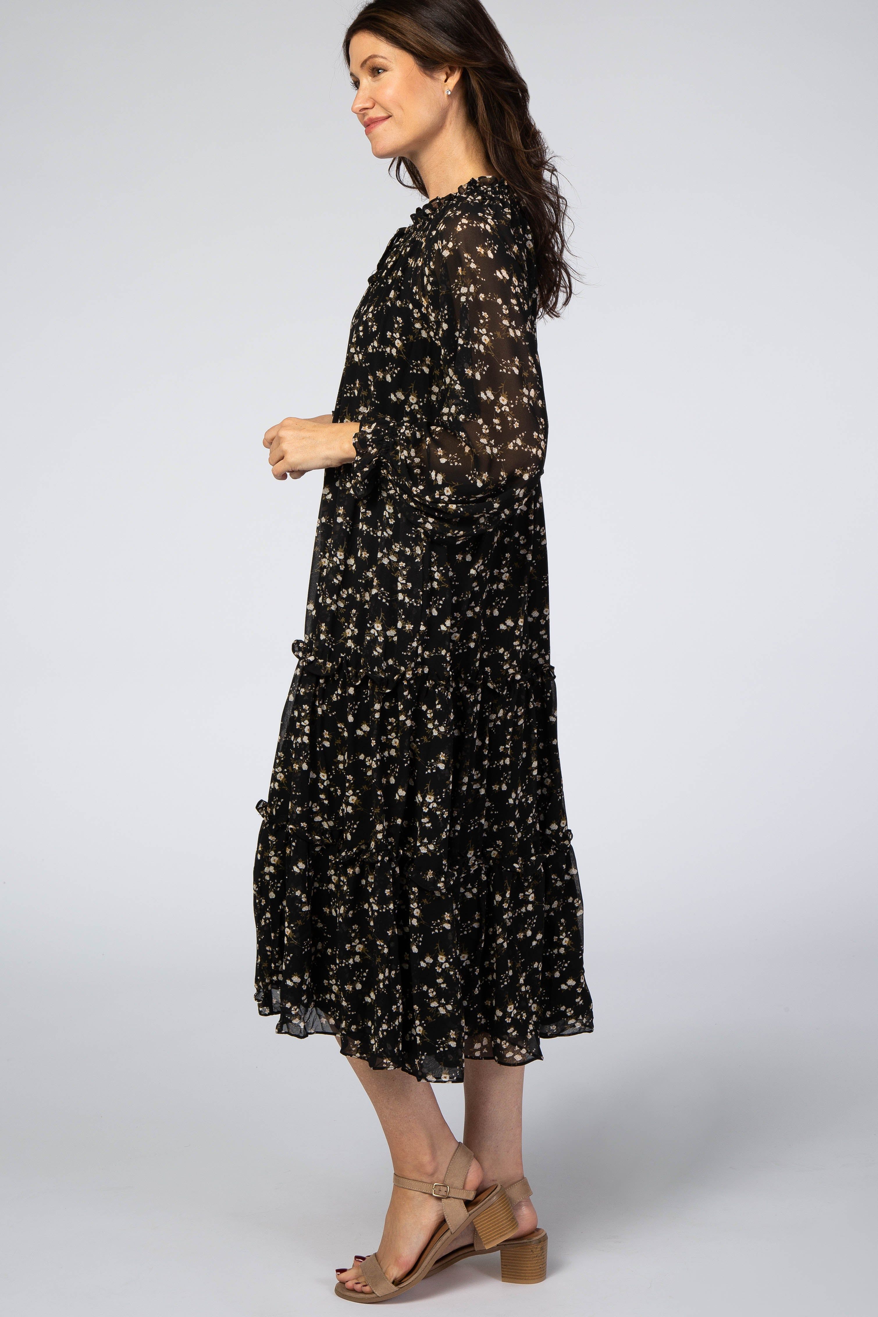Black Floral Chiffon Tiered Midi Dress sold by Pinkblush product image thumbnail 2