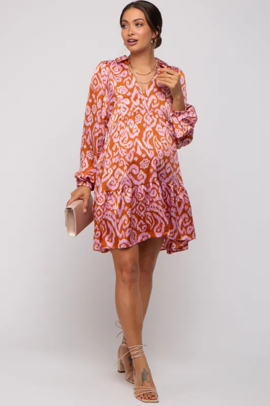 Rust Print Collared Puff Sleeve Maternity Dress sold by Pinkblush