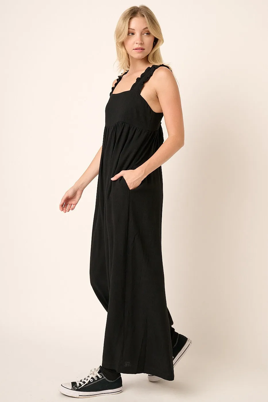 Black Ruffle Trim Back Tie Jumpsuit sold by Pinkblush product image thumbnail 2