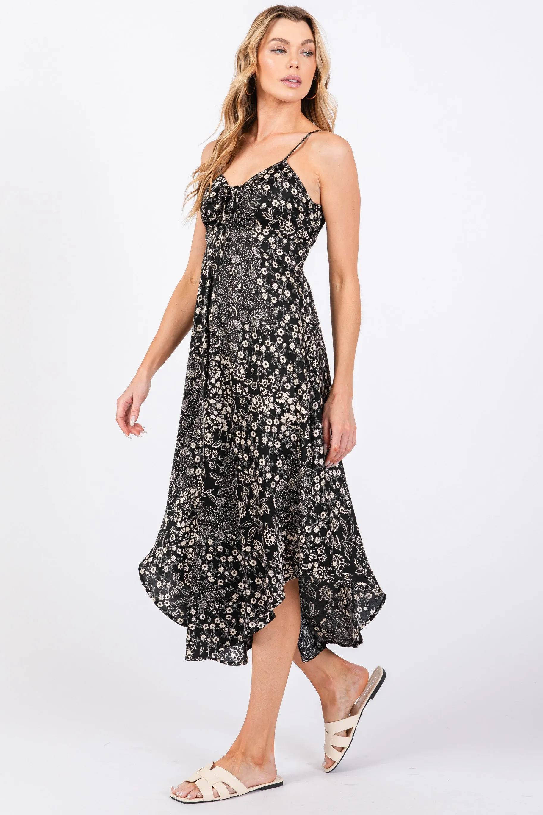 Black Floral Satin Front Tie Sleeveless Midi Dress sold by Pinkblush product image thumbnail 3