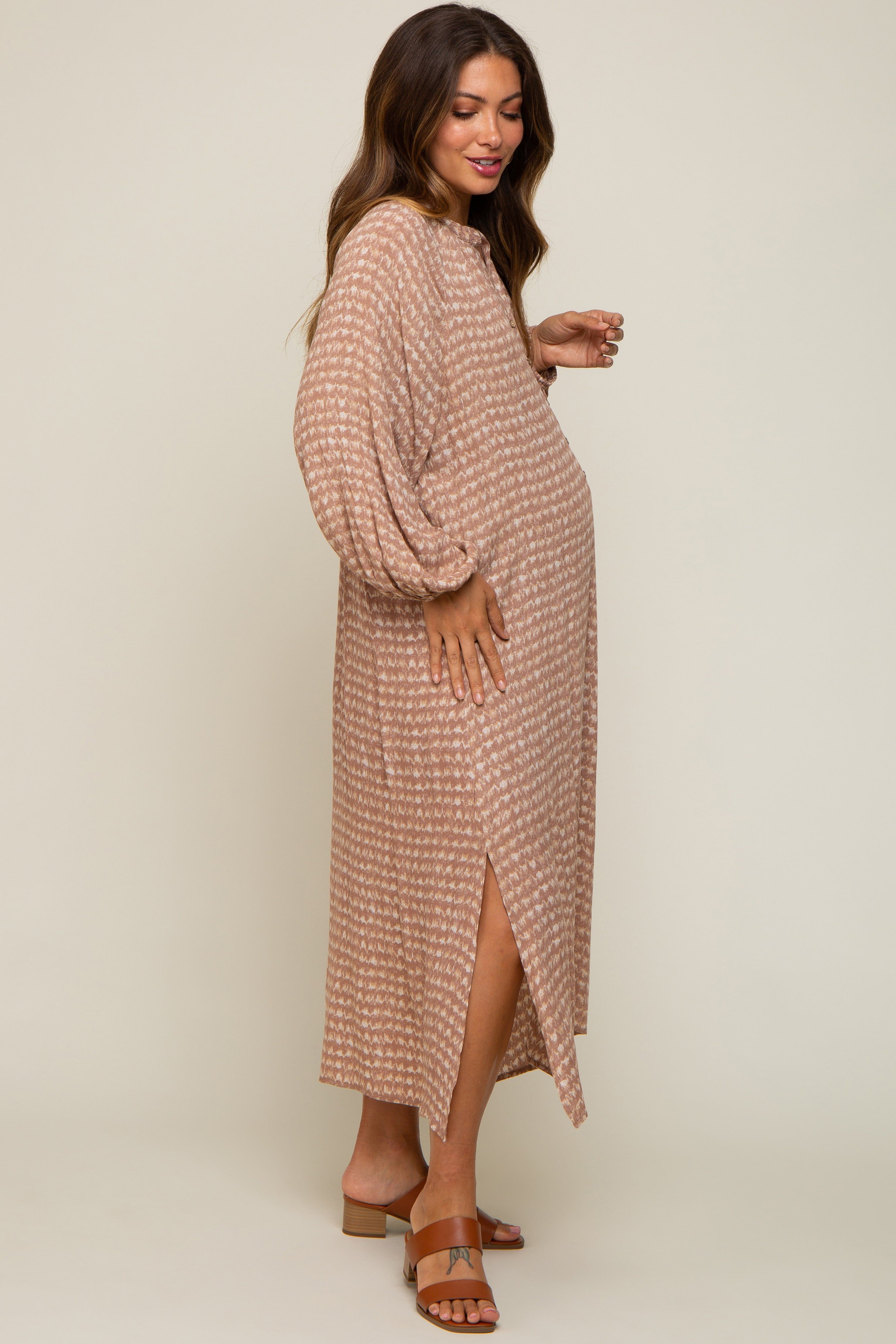 Mauve Button Down 3/4 Sleeve Maternity Midi Dress sold by Pinkblush product image thumbnail 2