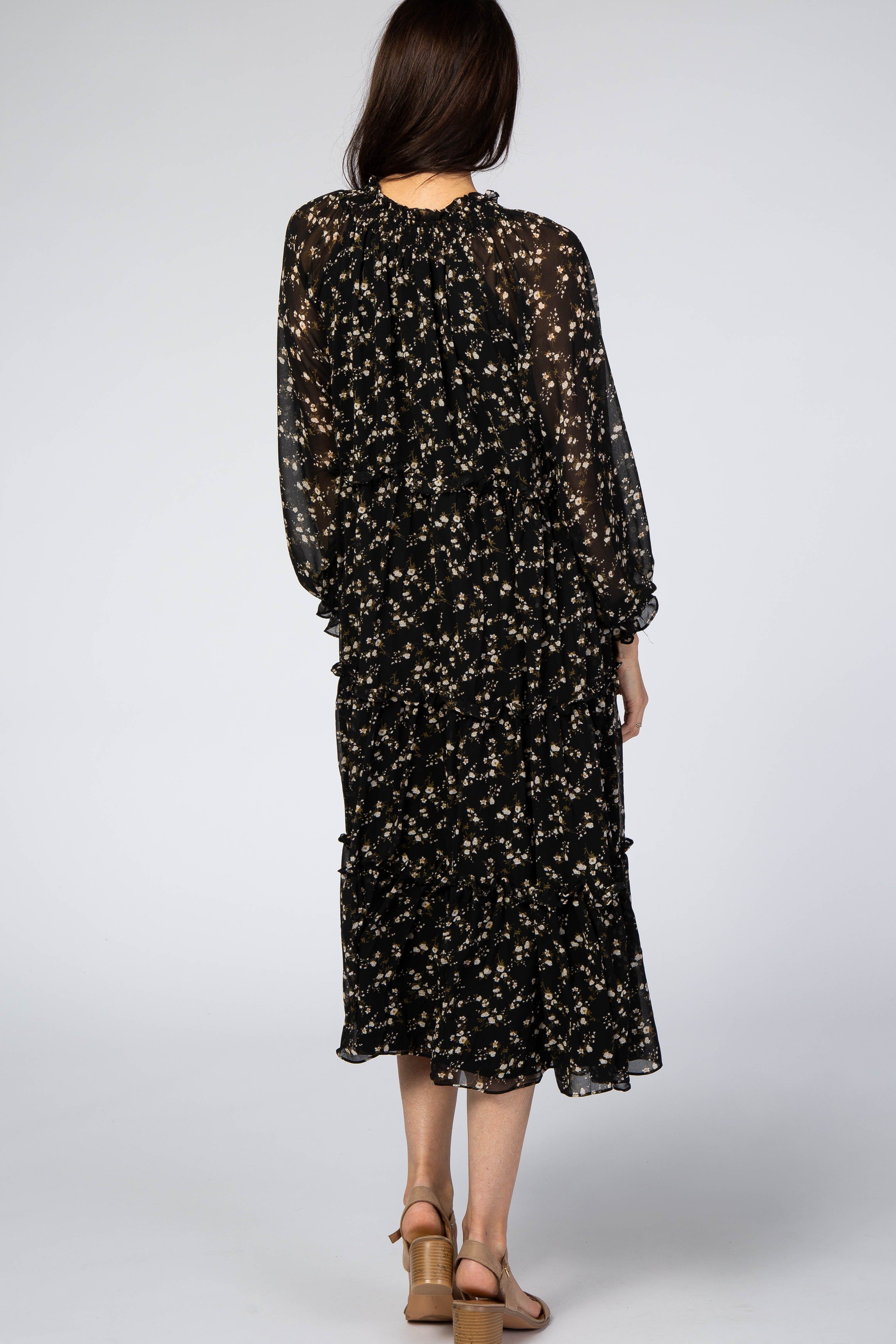 Black Floral Chiffon Tiered Midi Dress sold by Pinkblush product image thumbnail 3