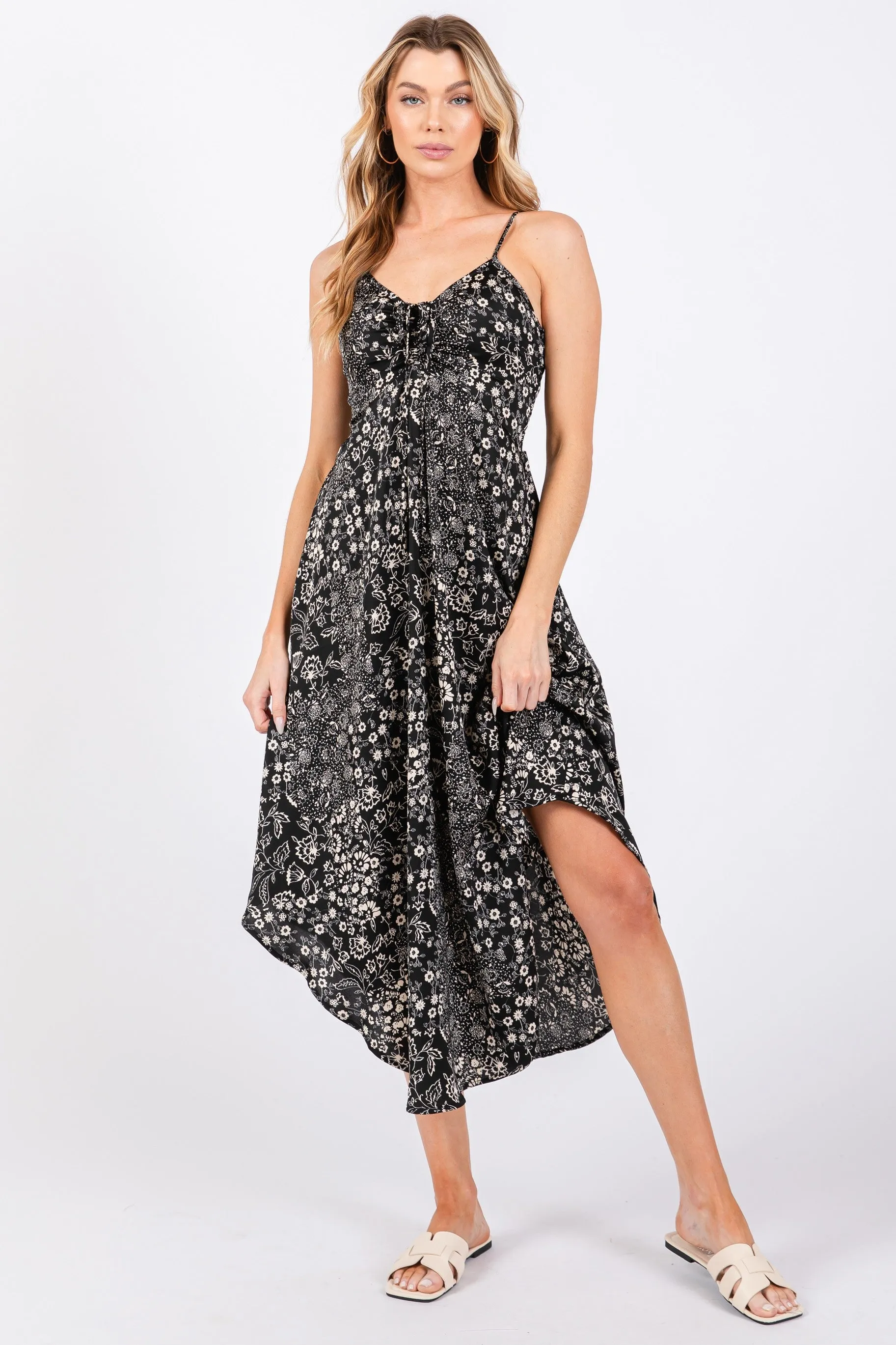 Black Floral Satin Front Tie Sleeveless Midi Dress sold by Pinkblush