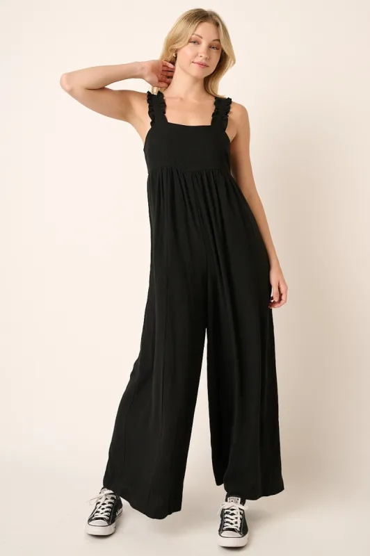 Black Ruffle Trim Back Tie Jumpsuit sold by Pinkblush