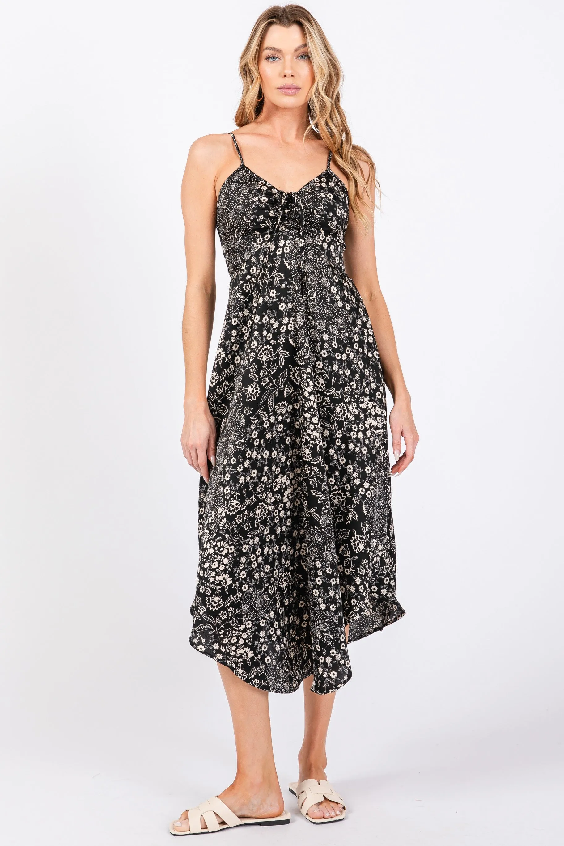 Black Floral Satin Front Tie Sleeveless Midi Dress sold by Pinkblush product image thumbnail 2