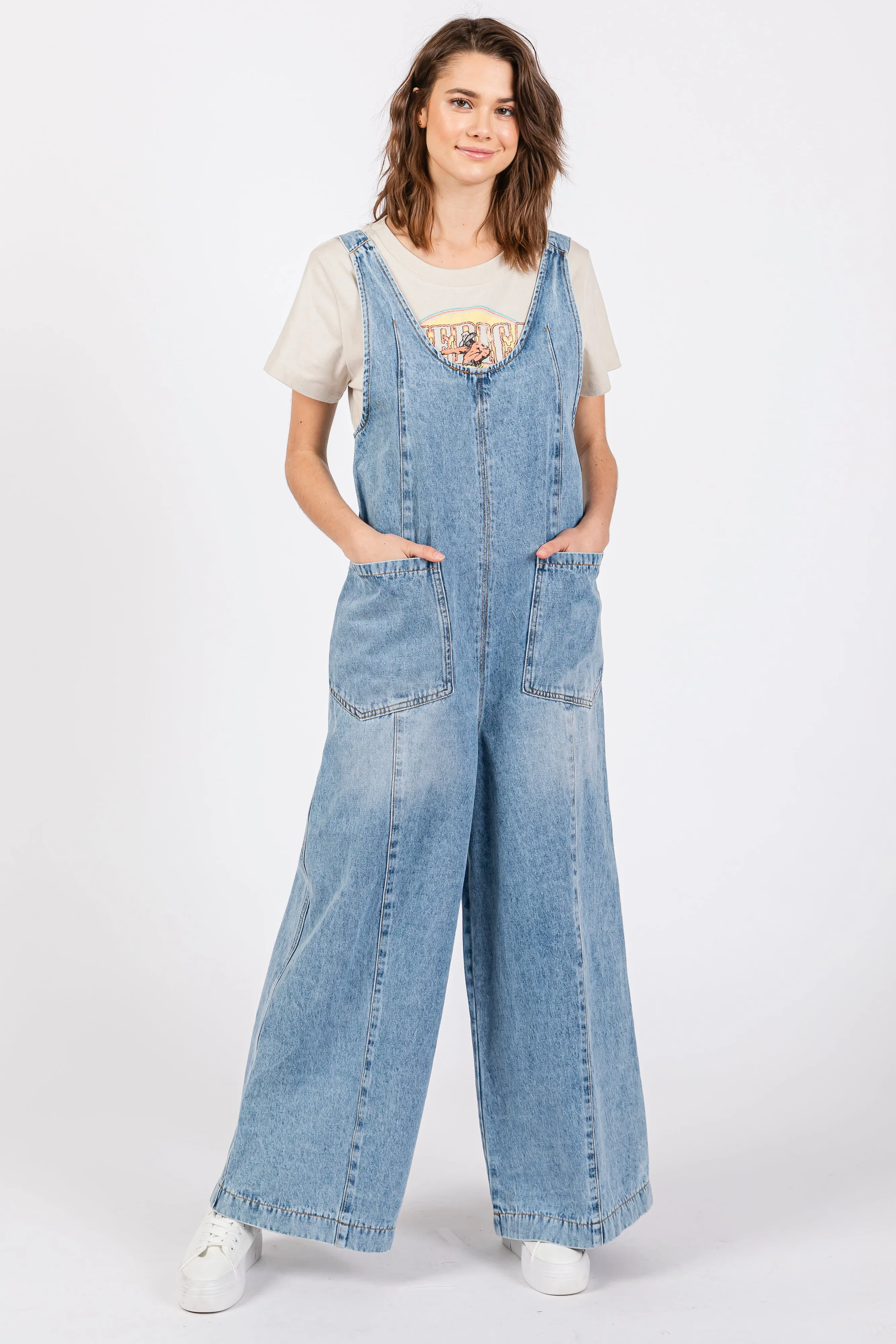 Blue Round Neck Wide Leg Overalls sold by Pinkblush